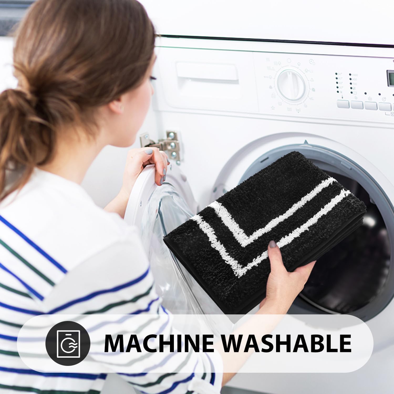 Uphome Juego de 3 tapetes de baño de microfibra suave lanuda con tapete de inodoro en forma de U, absorbentes, antideslizantes, lavables, tapetes de baño modernos geométricos negros para fregadero,