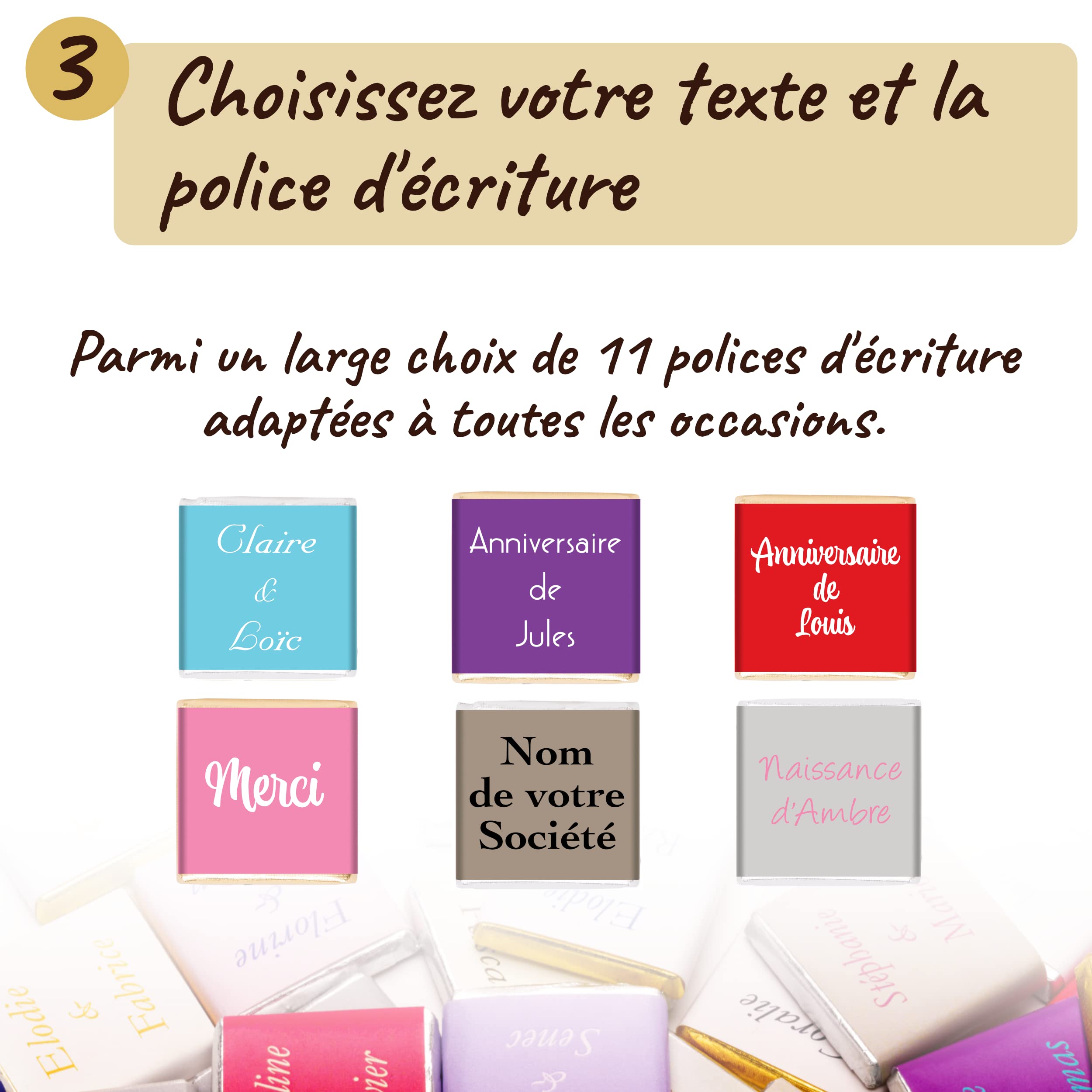 Coffret de 70 Carrés de Chocolat Personnalisés avec Textes et Couleurs | Personnalisez votre Texte et vos Couleurs, 7 Saveurs au Choix, 100% Pur Beurre de Cacao, Fabriqué en France, 350 Gr