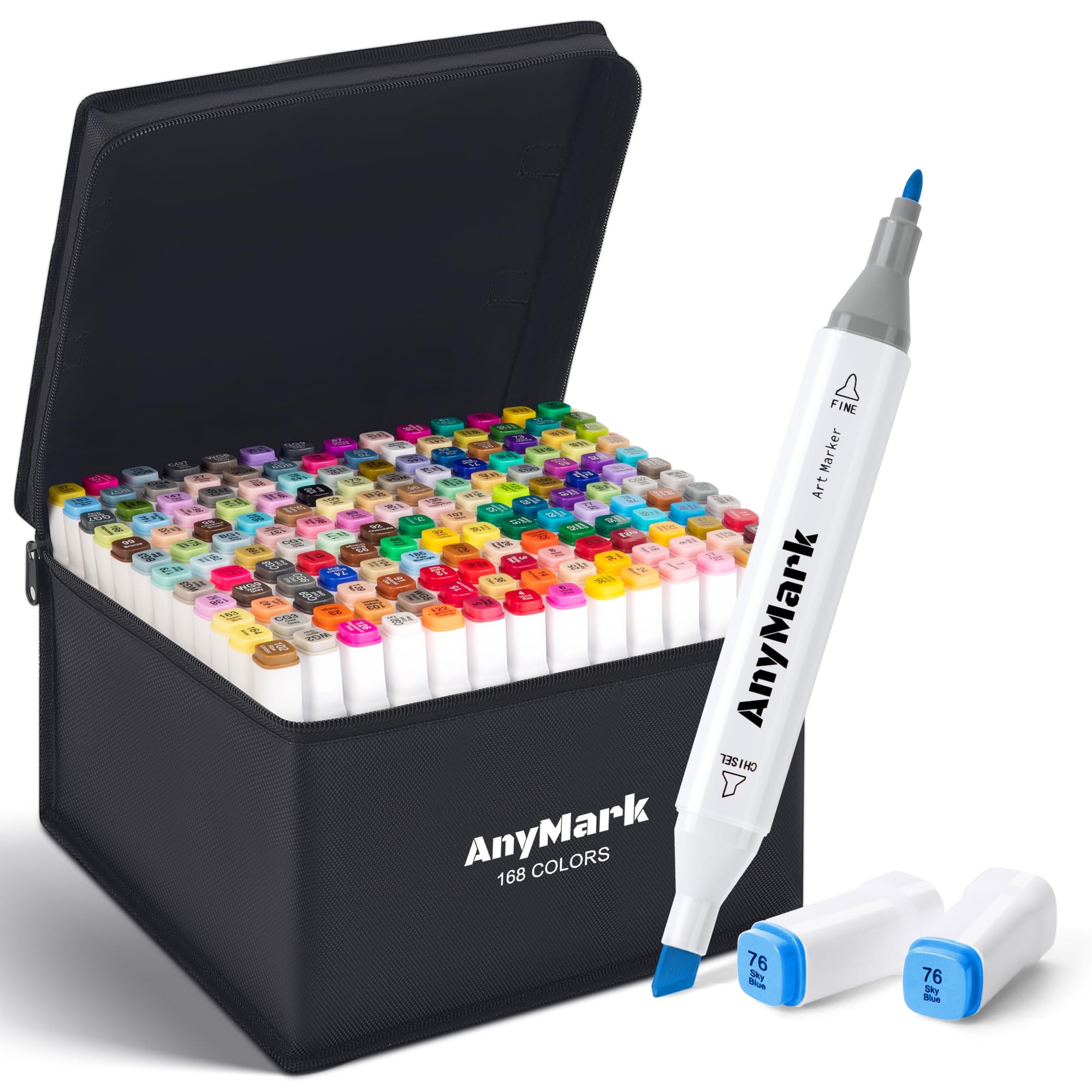 AnyMark Feutres a Alcool 168 Couleurs Double Pointe Biseautée et Fine