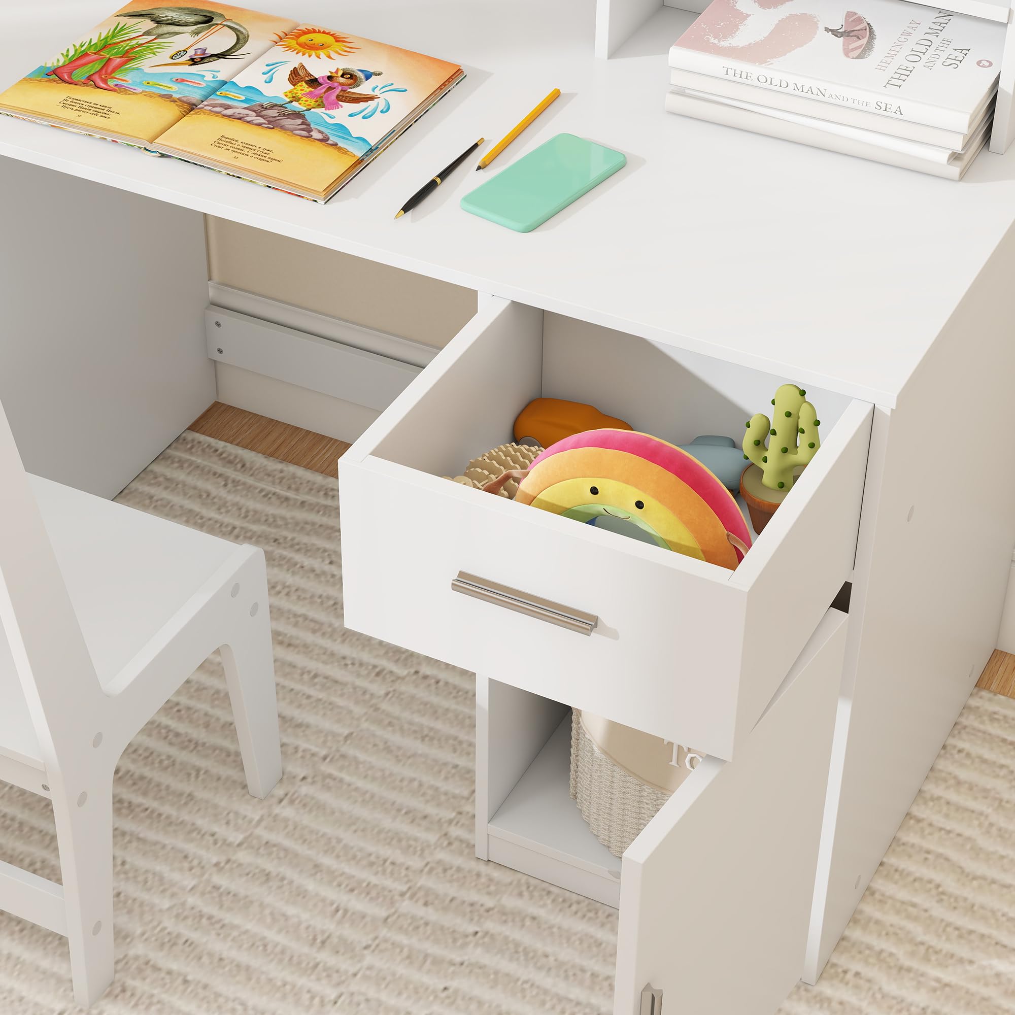 AIYAPLAY Bureau Enfant avec Chaise, Table Enfant et Chaise, 3-12 Ans, 90,2x48,1x90,8cm, Blanc