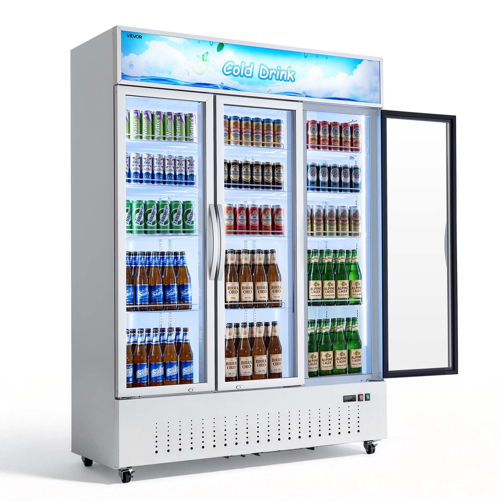 VEVOR Commercial Merchandiser Refrigerator, 36.4 Cu.Ft / 1030L Upright Beverage Cooler, 3 Glass Door Display Refrigerator with Customizable Lightbox, 12 Adjustable Shelves, Soft LED Lighting &amp; Casters
