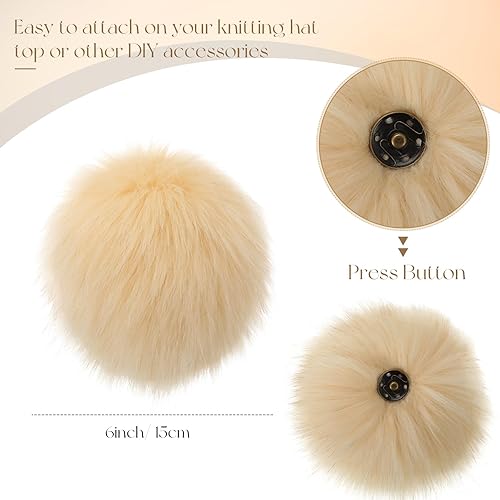 Miniatura 3 de Juinte 8 bolas grandes de pompones de piel sintética de 6 pulgadas para sombreros, bolas de pompón de piel sintética esponjosas con botón a presión