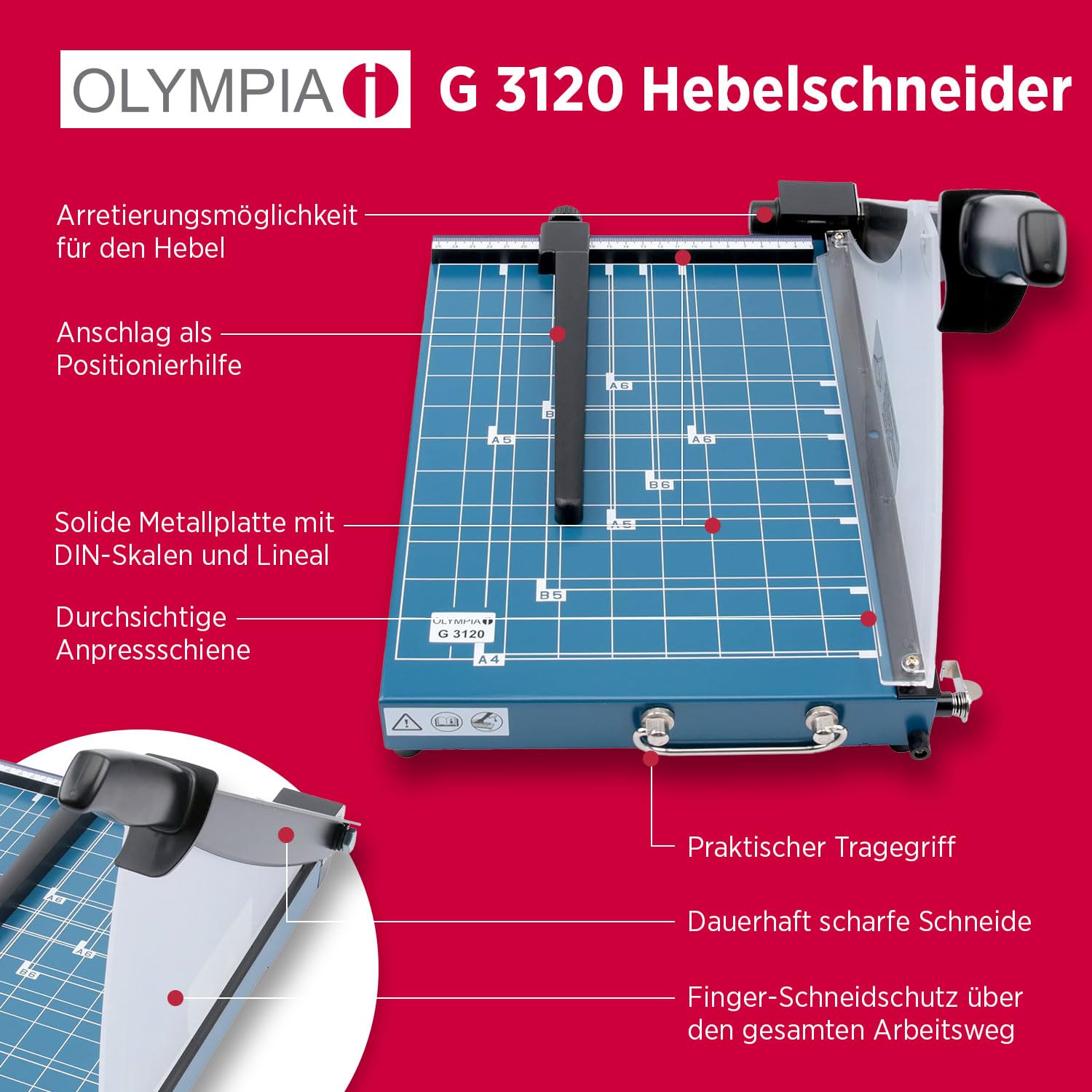 Olympia G 3120 Profi Hebelschneider | Papierschneidemaschine bis zu 20 Blatt | Papierschneider DIN A4 | 310 mm Arbeitsbreite | Schneid-Schutz & Arretierungsmöglichkeit | Papier Schneidegerät | blau