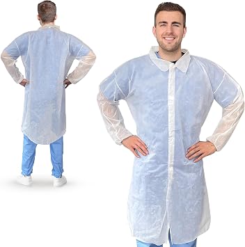AMZ White Disposable Lab Coats for Adults, Large. 10 Pack of Polypropylene Lab Coats Disposable. Water-Resistant Disposable Lab Coat with Hook and Loop Fasteners, Folded Collar, Elastic Wrists