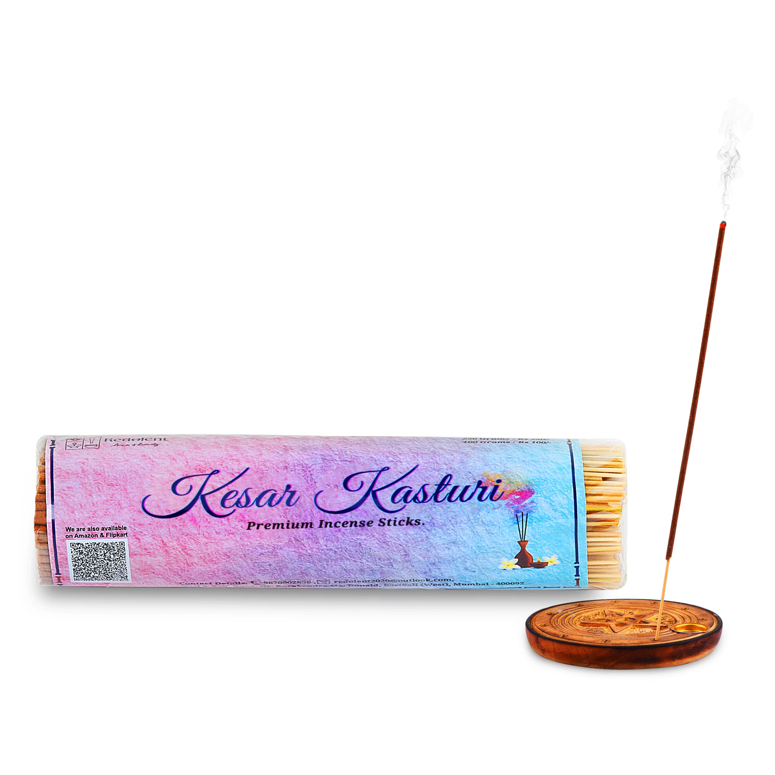Redolent Organic and Non-Toxic Incense Sticks Each Pack 130 Sticks/Ayurvedic Agarbatti | Extracts, Low Smoke, Long-Lasting, Masala Agarbatti (Kesar Kasturi,Pack of 1)