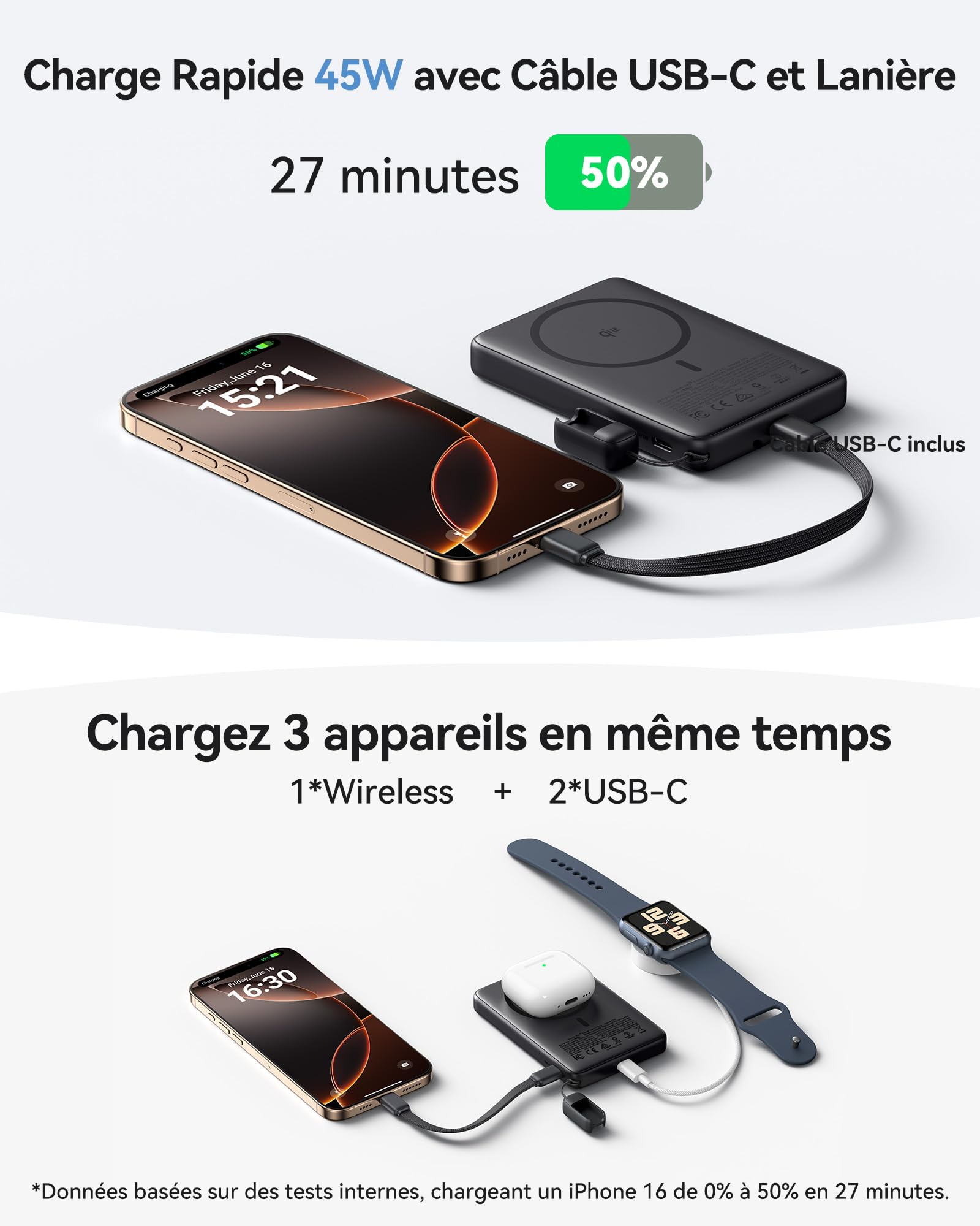 INIU pour MagSafe Qi2 15W Batterie Externe, Ultra-Fine 10000mAh Power Bank