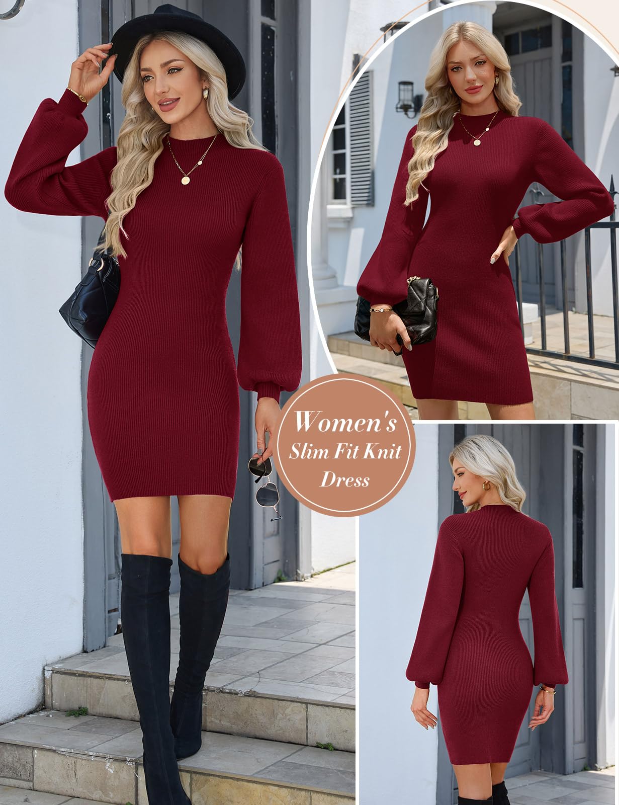 heekpek Robe Pull Femme Hiver Chic et Elégant Mi-Longue | Robes Tricoté Doux Chaud,Robes Elástique Slim Fit,Haut Col Roulé Manches Lanternes,Mini Robe Moulante Automne d'Hiver
