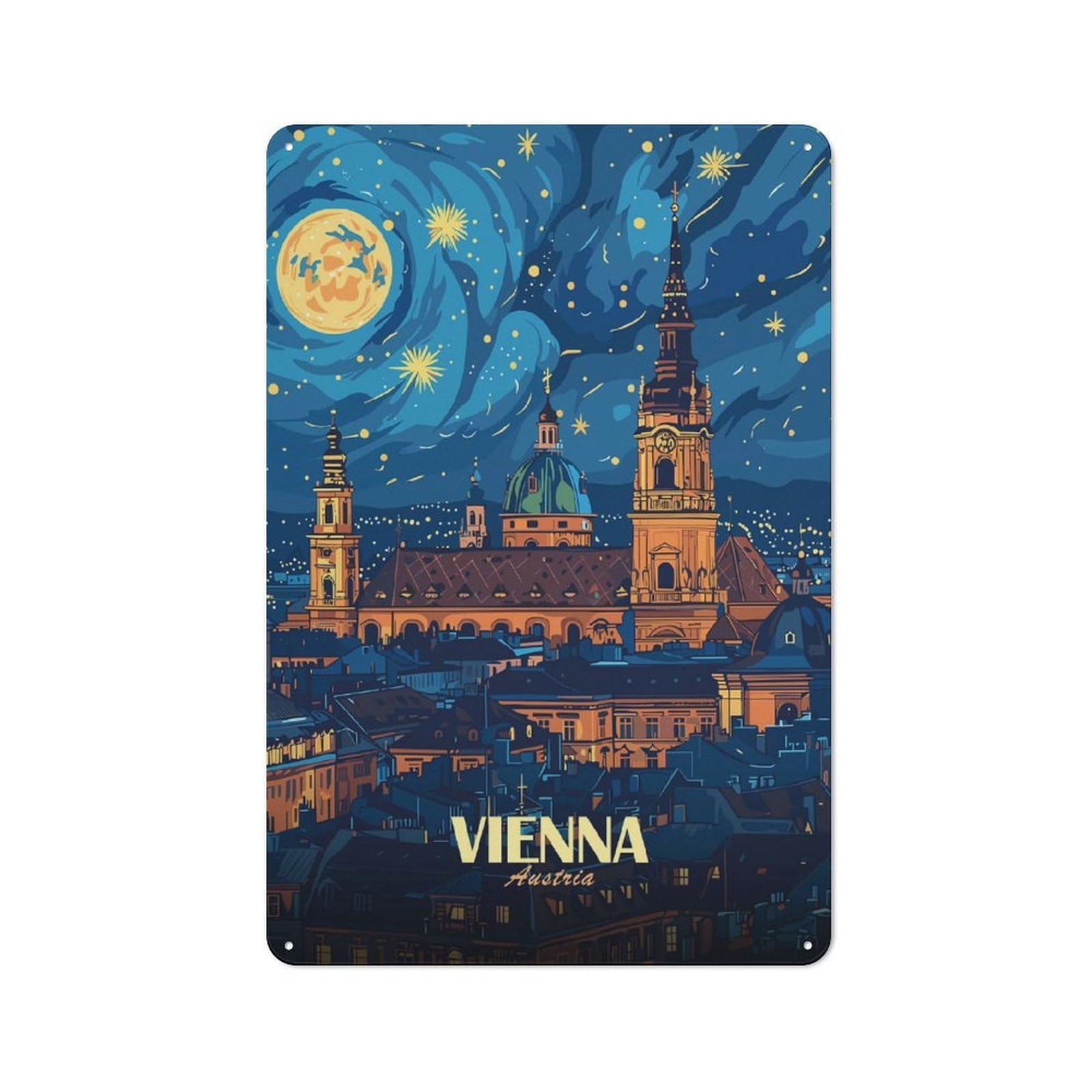 Junmoney Style-10 Vienna Austria Nightscape Art Retro-Style Printed Metal Sign 30X20cm For Hallway Wall, Winter Wall Decor For Wall Display Collectors