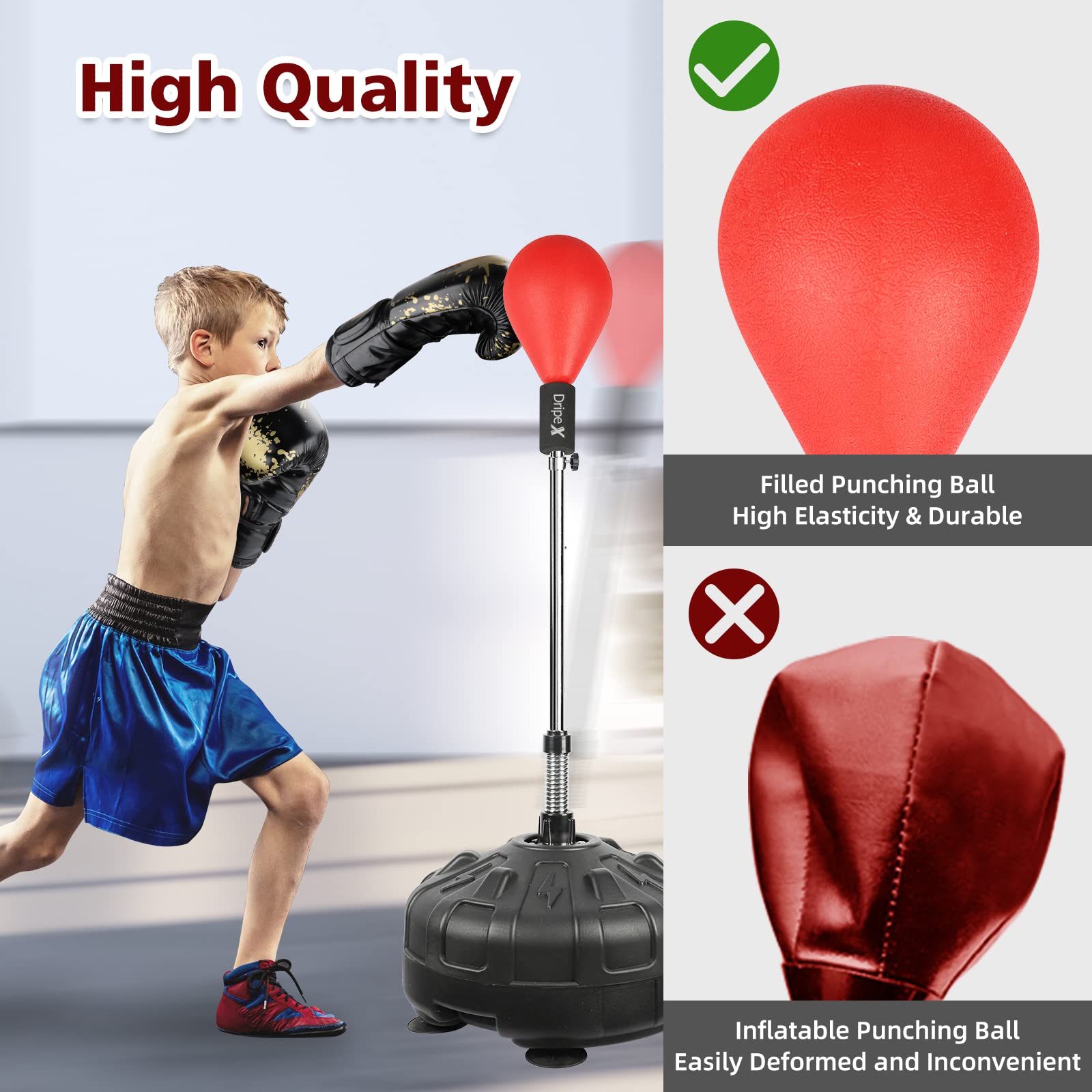 Dripex Punching Ball Palla da Boxe su Supporto Sacco da Boxe Palla di Pugilato da Terra Base con 6 Ventose Altezza Regolabile 135-155 cm