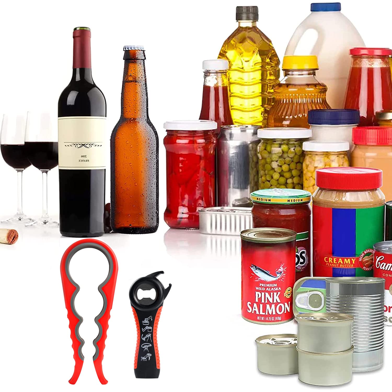Abridor de tarros para manos débiles, kit de abridor de botellas multifunción 5 en 1 con mango de silicona, fácil de usar para niños, ancianos y personas con artritis, rojo