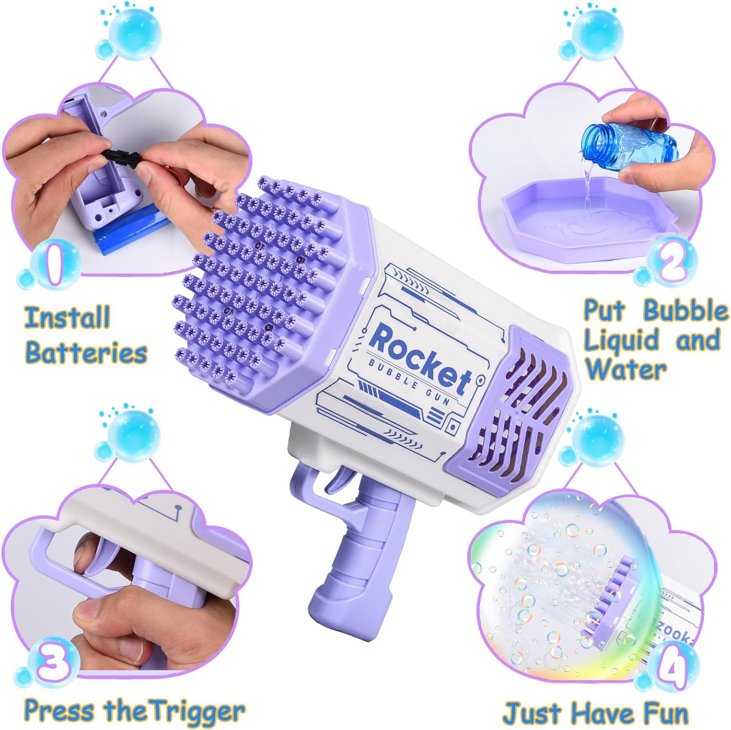 JONRRYIN Macchina Fare Bolle Automatica, 69 Buche Bubble Gun, Pistola Bolle Sapone, Giocattoli Creazione con Due Bottiglie Acqua Saponata Compleanno Festa Nozze Giochi Coperto e All'aperto (Purple)