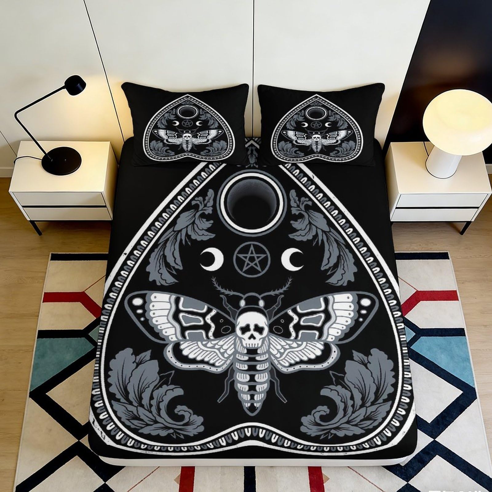 3D Printed Gothic Moth Fitted Sheet Microfiber Soft Durable Occult Bed Cover for Bedroom Dormitory Guest Room Mattress Protection Decor 140x200x25cm