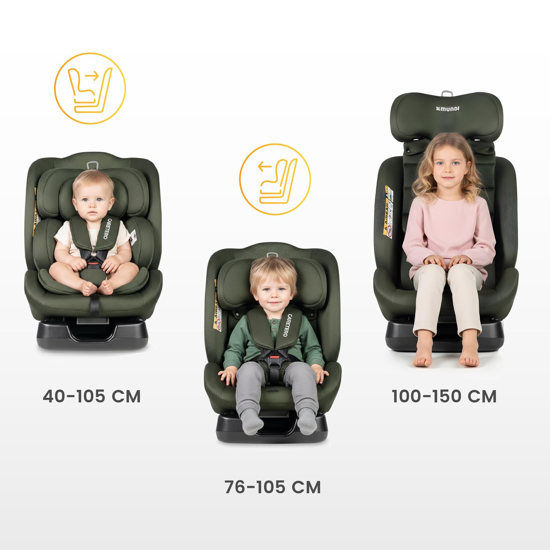 CARETERO - Kindersitz Auto Ohne Isofix - Autositz für Kinder 40-150 cm - Kinderautositz ab Geburt bis zum etwa 12. Lebensjahr - 5-stufige Neigungsverstellung - Mundi i-Size Beige