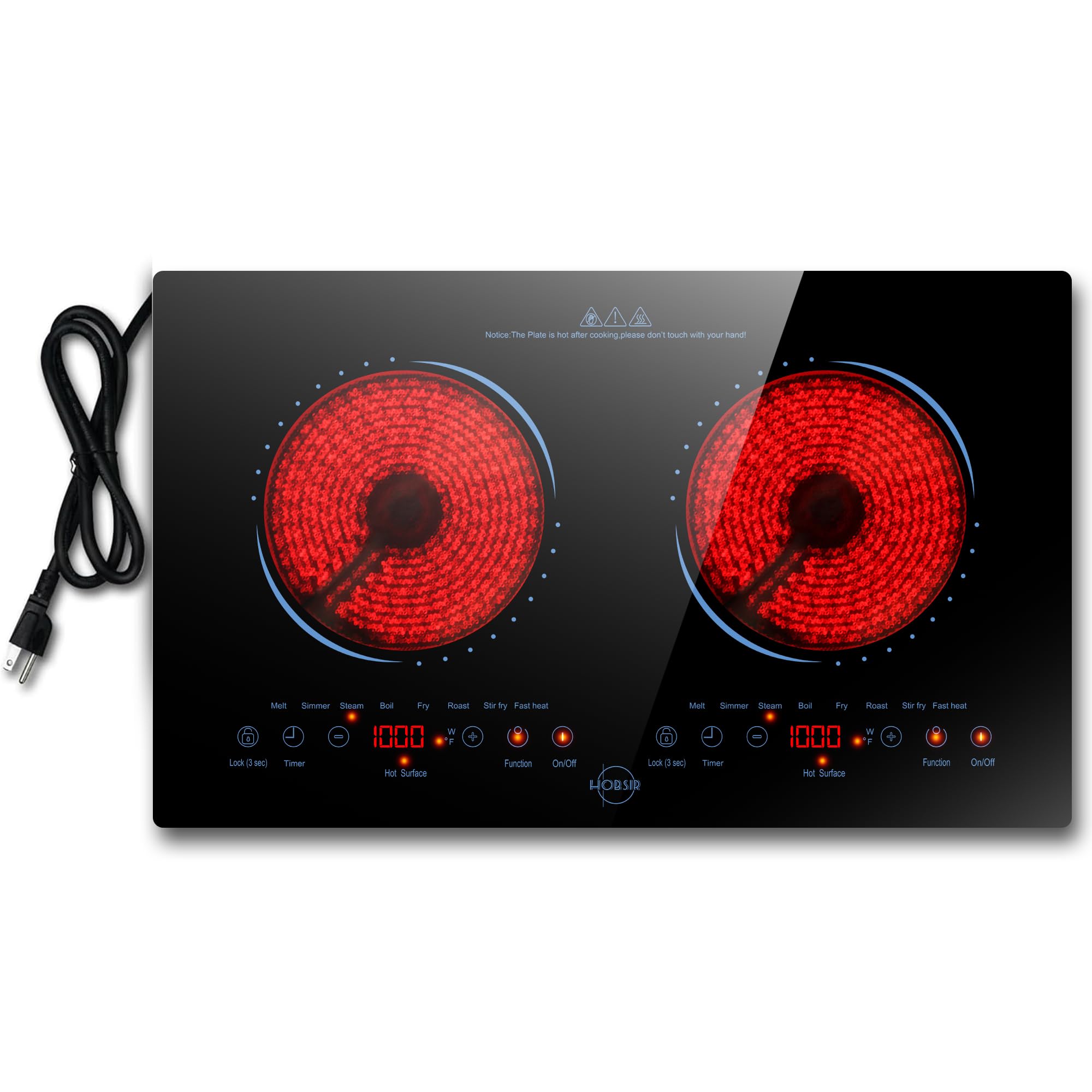 Hobsir 2 Burner Electric Cooktop 110V with Plug, Total 2000W Shared Power