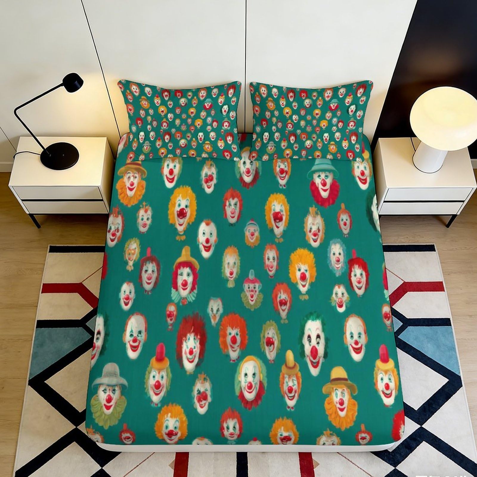 3D Printed Clown Faces Fitted Sheet Microfiber Teal Cartoon Bed Cover for Bedroom Dorm Mattress Protector Decorative 90x200x25cm