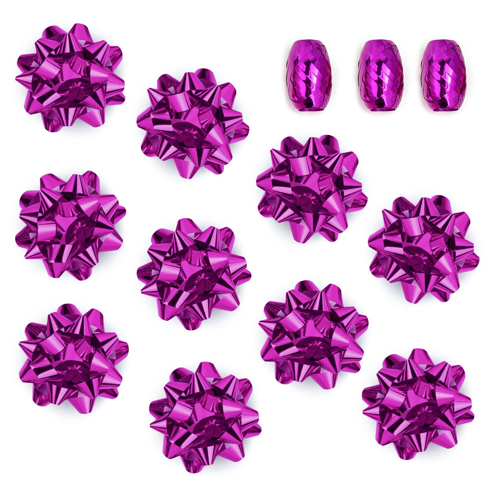 MAYPLUSS 4.5”Hot Pink Gift Bow Assortment (10 Bows, 3 Spools of Ribbon), Perfect for Christmas, Birthday, Holiday, Party Favors Decorations