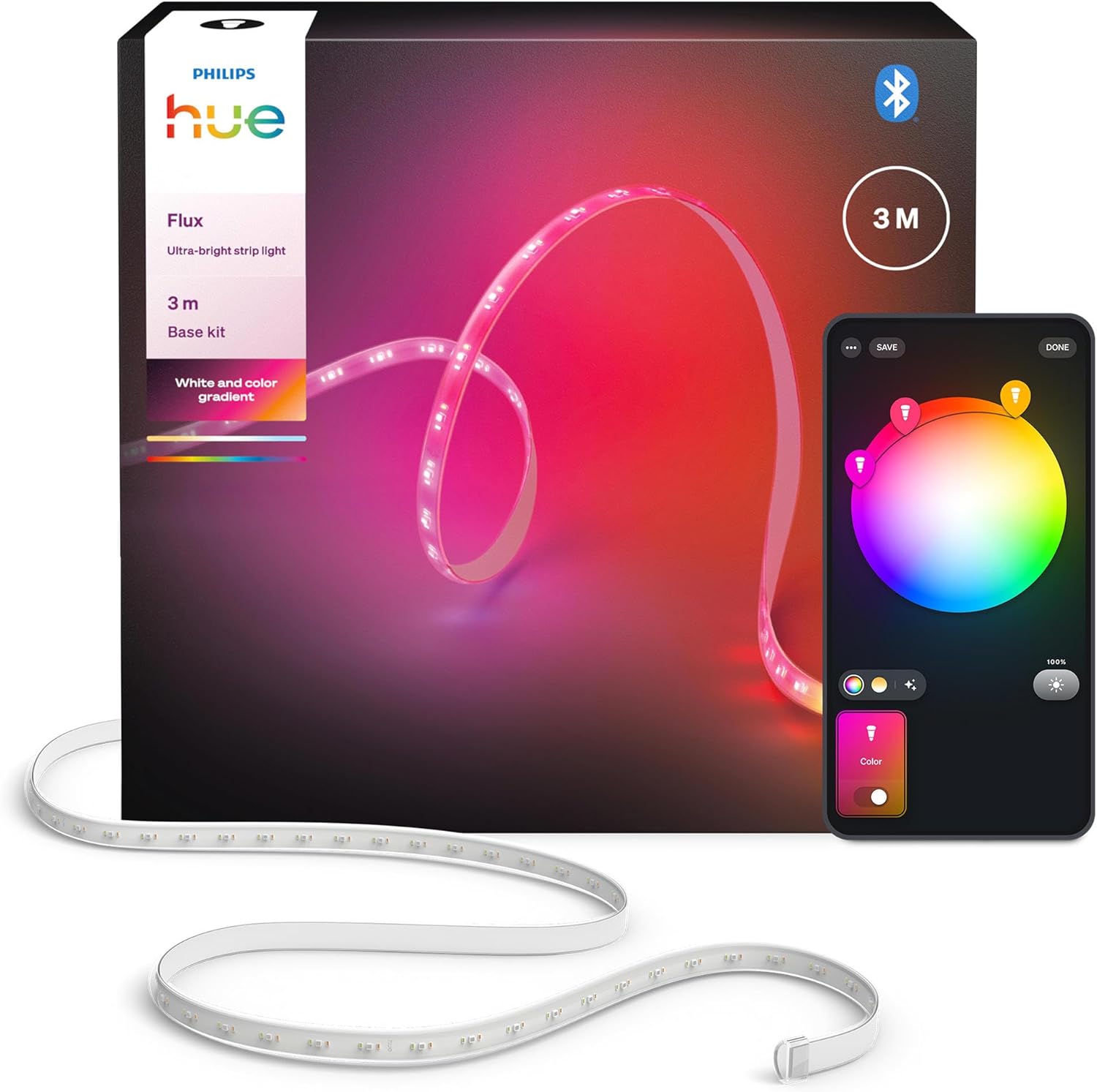 Philips Hue Flux 3m UltraBright LED-Lightstrip  2900 lm  lebendige Farben  flexible Innenbeleuchtung  Chromasync™-Farbmischung  zuschneidbar  erweiterbar  wiederverwendbar  App- & Sprachsteuerung