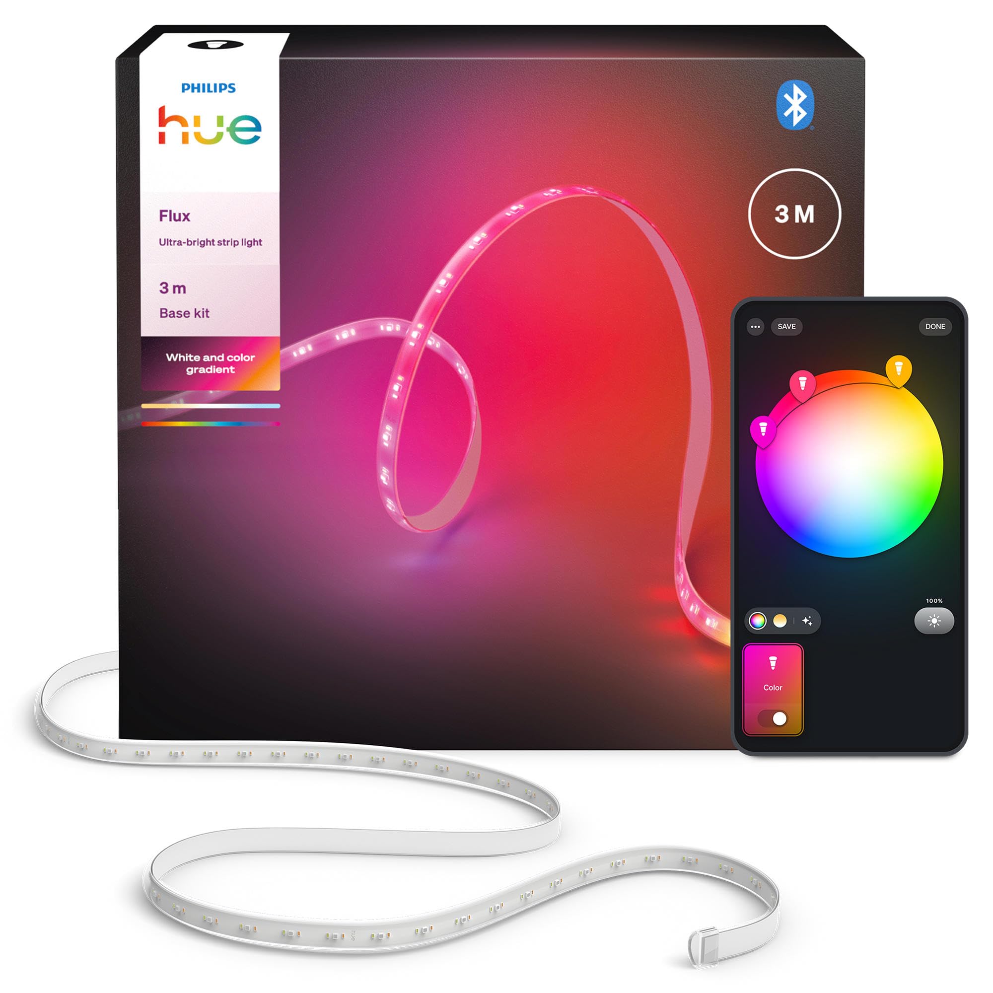 Philips Hue Flux 3m UltraBright LED-Lightstrip, 2900 lm Lichtband, flexible Innenbeleuchtung, Chromasync™-Farbmischung, LED Streifen zuschneid- & erweiterbar, wiederverwendbar, App- & Sprachsteuerung