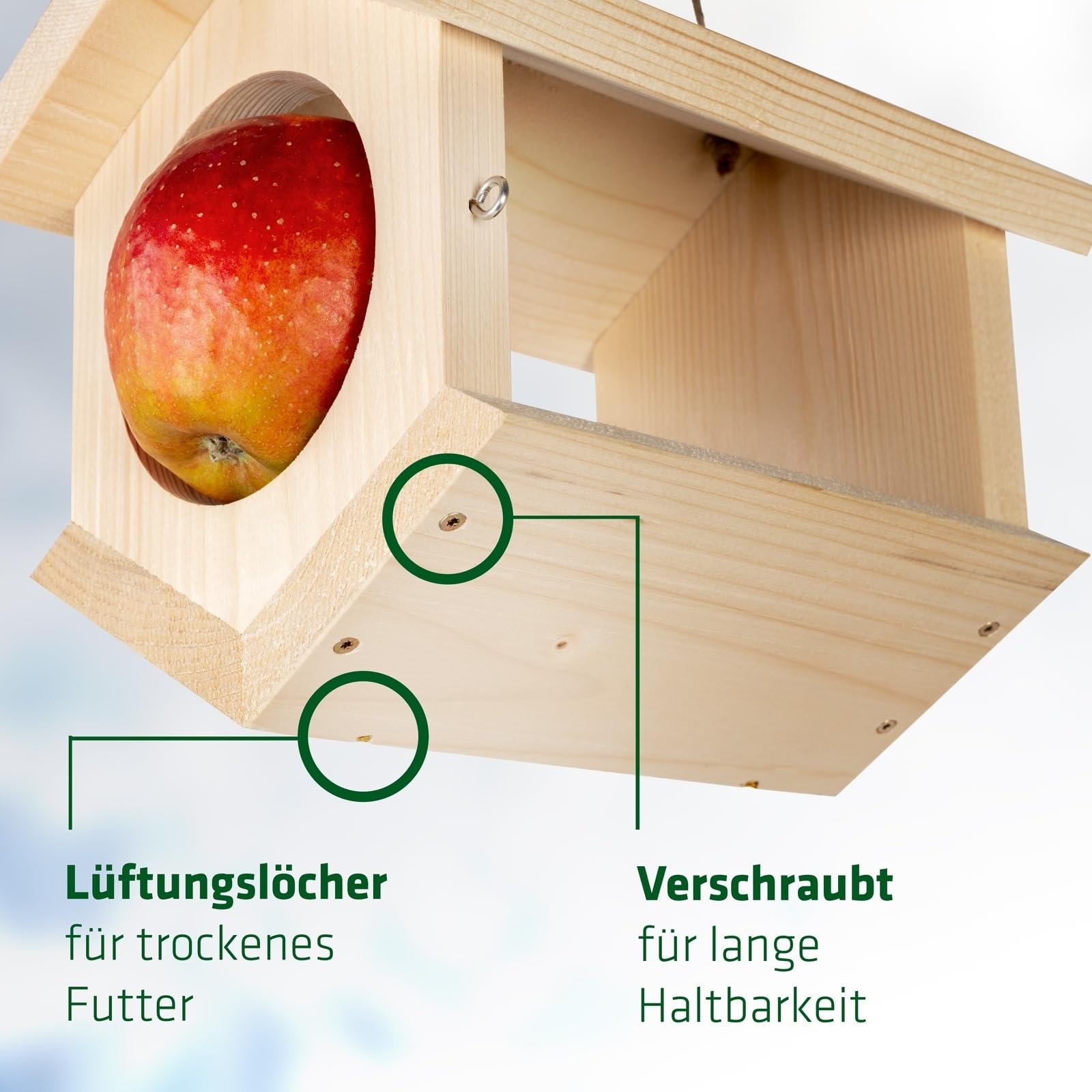 GARDIGO® Vogelfutterhaus für Körnerfutter, Äpfel und Meisenknödel I Made in Germany I Wetterfest, naturbelassen, mit Schnur zum Aufhängen im Garten