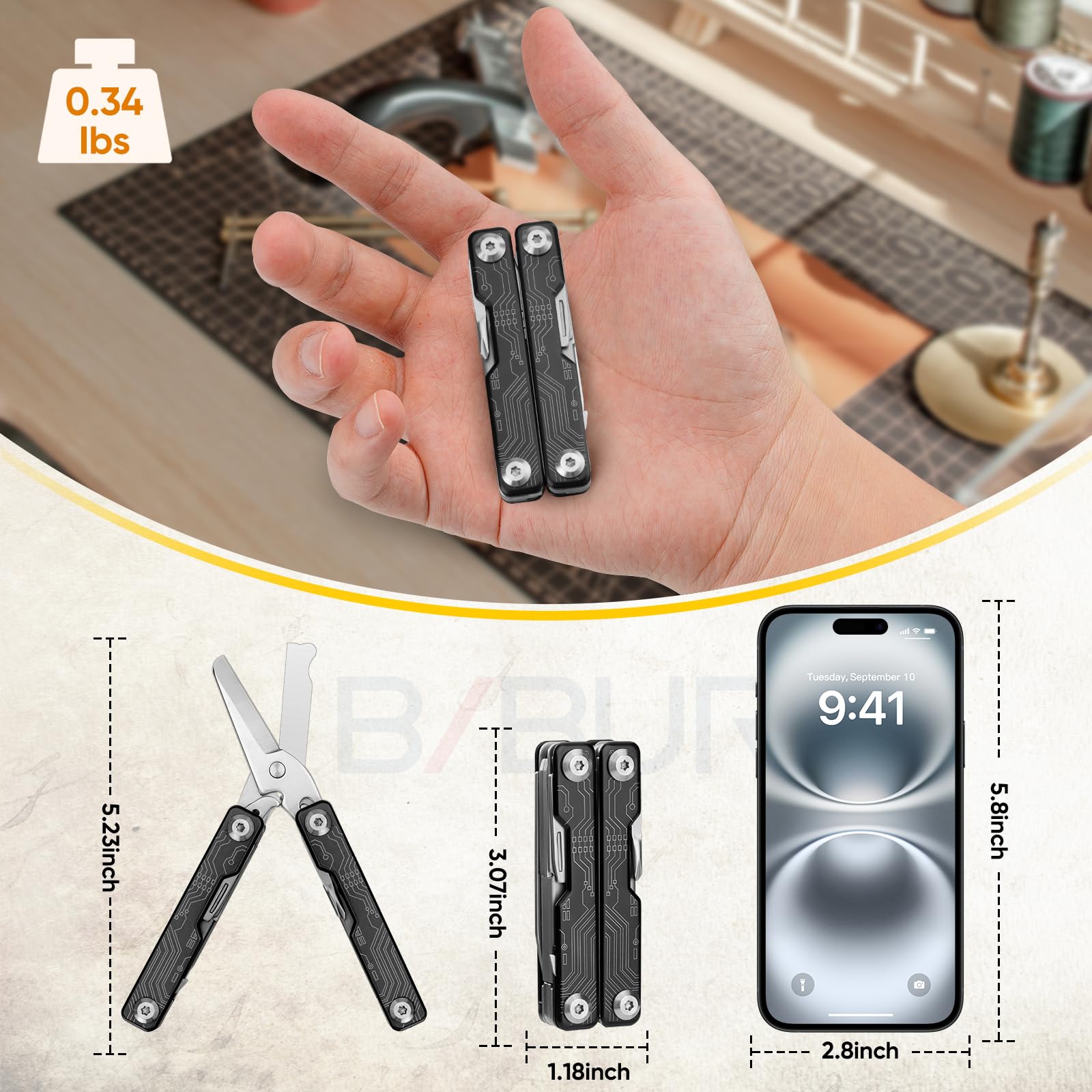 BIBURY Multitool, Mini Sailor Scissors, Multi składana szczypce EDC z 9 narzędziami, nóż kieszonkowy, otwieracz do puszek, śrubokręt, niewidoczne szczypce, akcesoria na kemping, outdoor survival
