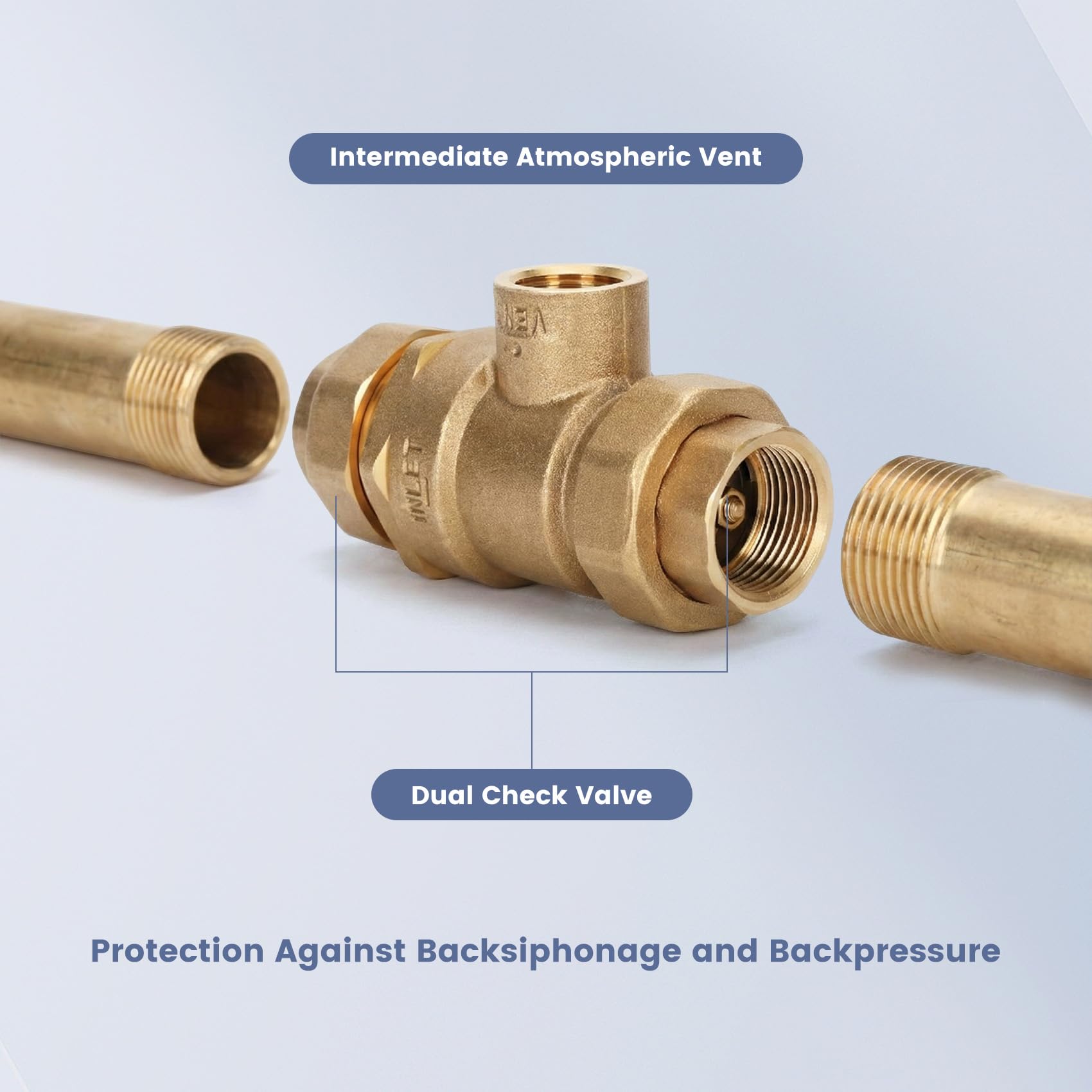 Clapet anti-retour M2 1,9 cm double clapet anti-retour avec aération atmosphérique intermédiaire, NPT femelle, laiton sans plomb, 25 psi-175 psi, acier inoxydable