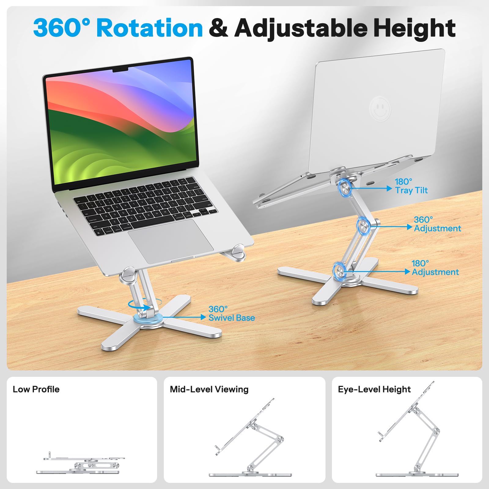 OMOTON Obrotowy stojak na laptopa 360 na biurko, ergonomiczny składany stojak na komputer, regulowana wysokość, do wspólnej pracy, łatwe przechowywanie, pasuje do MacBooków, wszystkich laptopów o