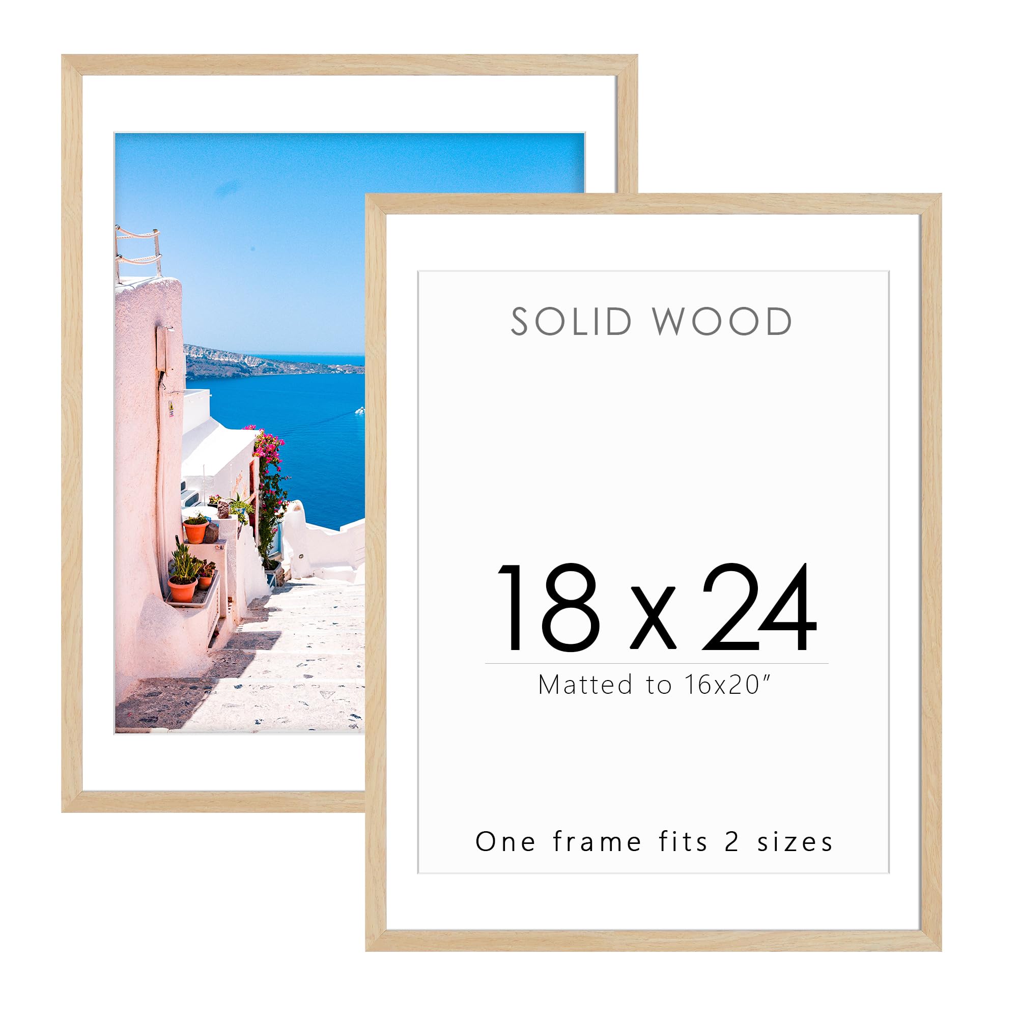 18x24 Solid Wood Poster Frame, Natural Wood Picture Frame with Paper Mat, Display picture 16x20 with mat or 18x24 without Mat, Set of 2 Oak Color Picture Frame