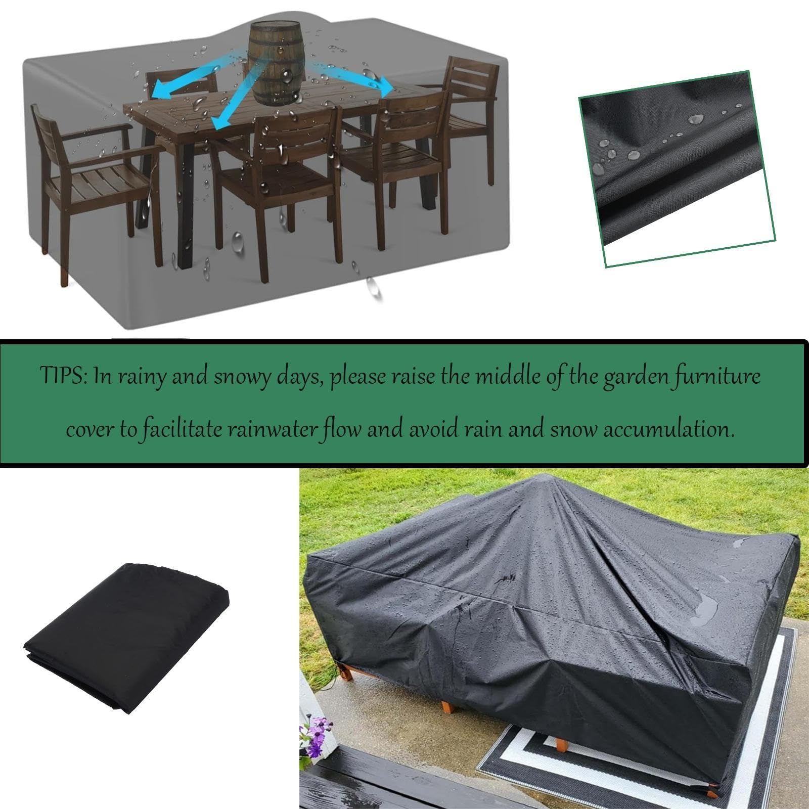 Abdeckungen für Gartenmöbel Wasserdicht 350x260x75cm/LxWxH Abdeckplane Rechteckige Abdeckung Gartenmöbel Winterfest, Schwerlast Regenschutz und Staubfest Gartentisch Abdeckung, Schwarz