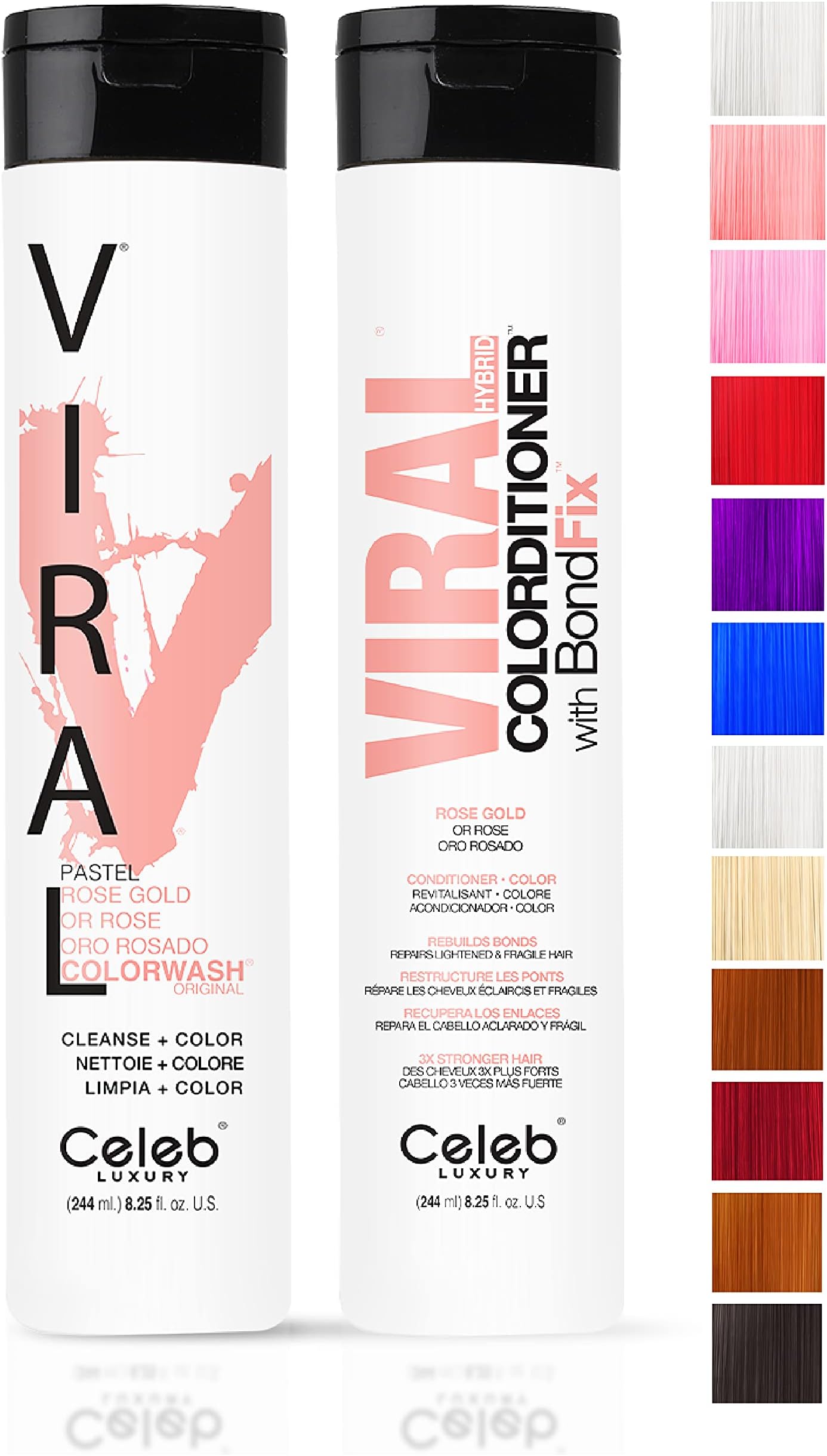 Celeb Luxury Viral Duo Color Depositing Colorwash Shampoo & Conditioner Set + Bondfix Bond Rebuilder, Semi Permanent Hair Color, Vegan Hair Dye, Rose Gold