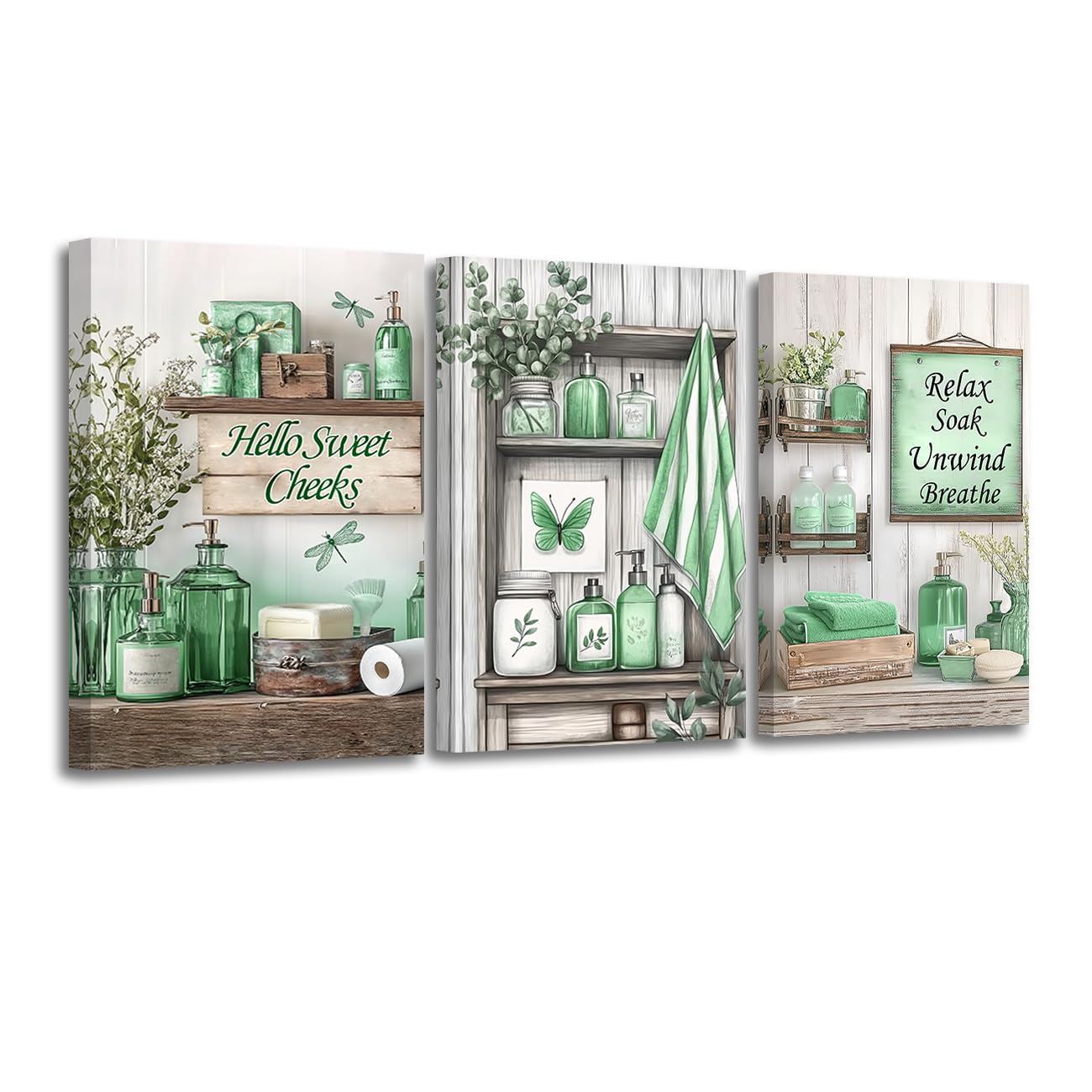 CXHOSTENT 3Pcs Green Bathroom Wall Art Decor Rustic Bathroom Picture Quotes Sign Canvas Prints Farmhouse Toilet Paintings for Washroom Decor Framed (Green, 24x36inchx3 Pieces)