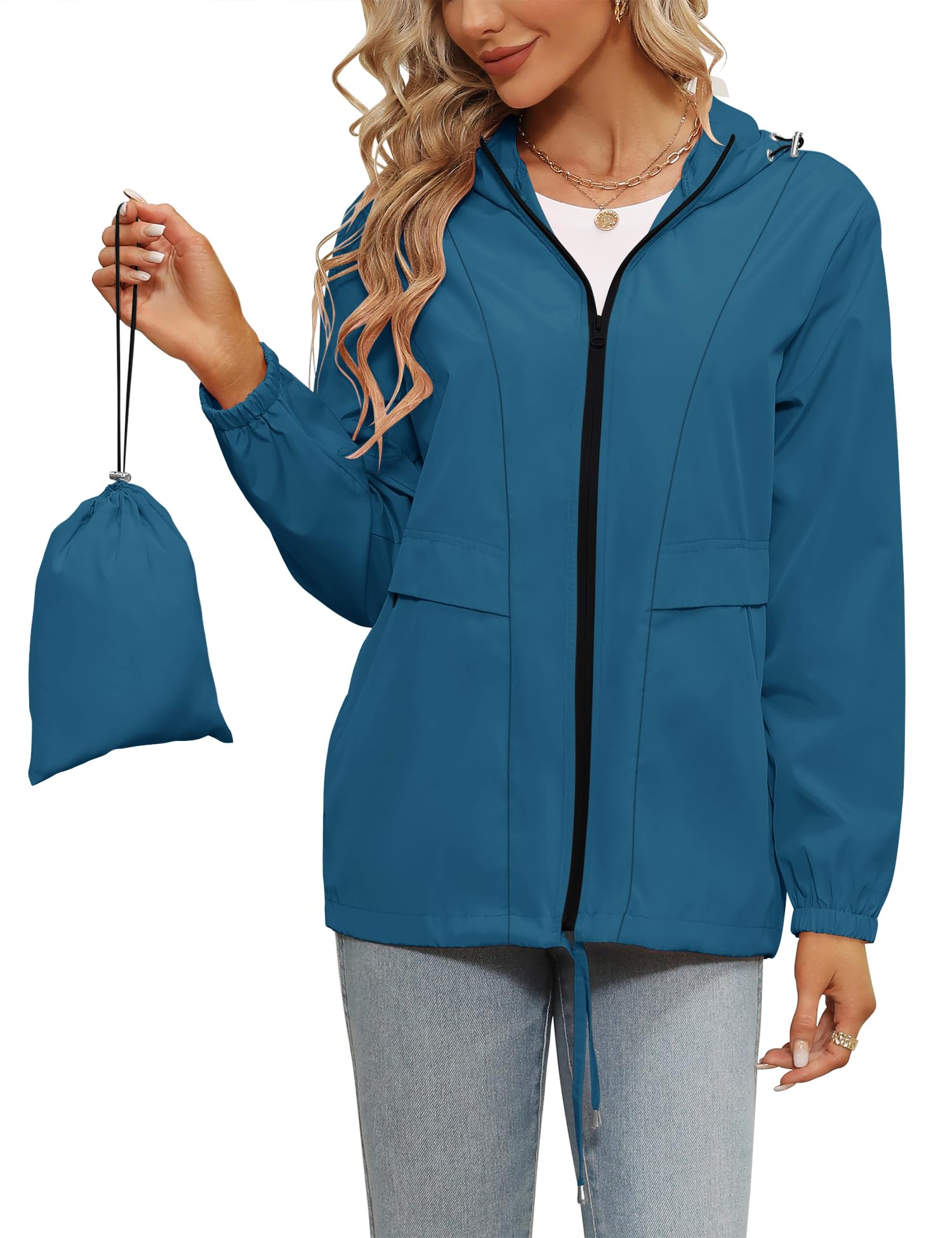 Tisfeer - Impermeabile da donna con cappuccio, leggero, antivento, ripiegabile, giacca a vento con cappuccio