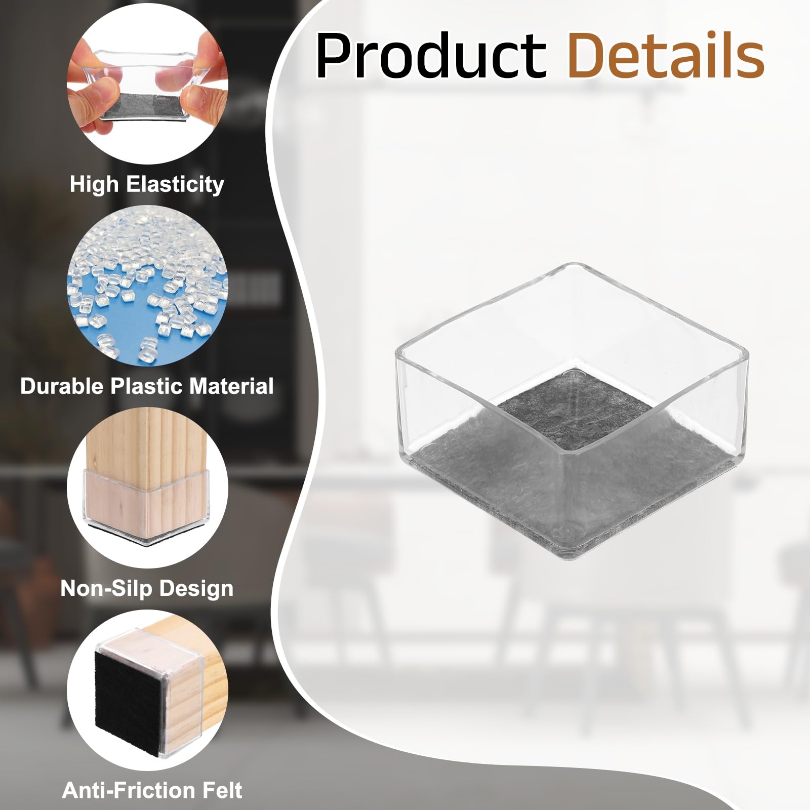 PATIKIL 28 protectores cuadrados para patas de silla, PVC de 2.36 pulgadas y fieltro, tapas para patas de sillas de muebles para suelos de madera dura, elásticas, reducen los arañazos, cubiertas de