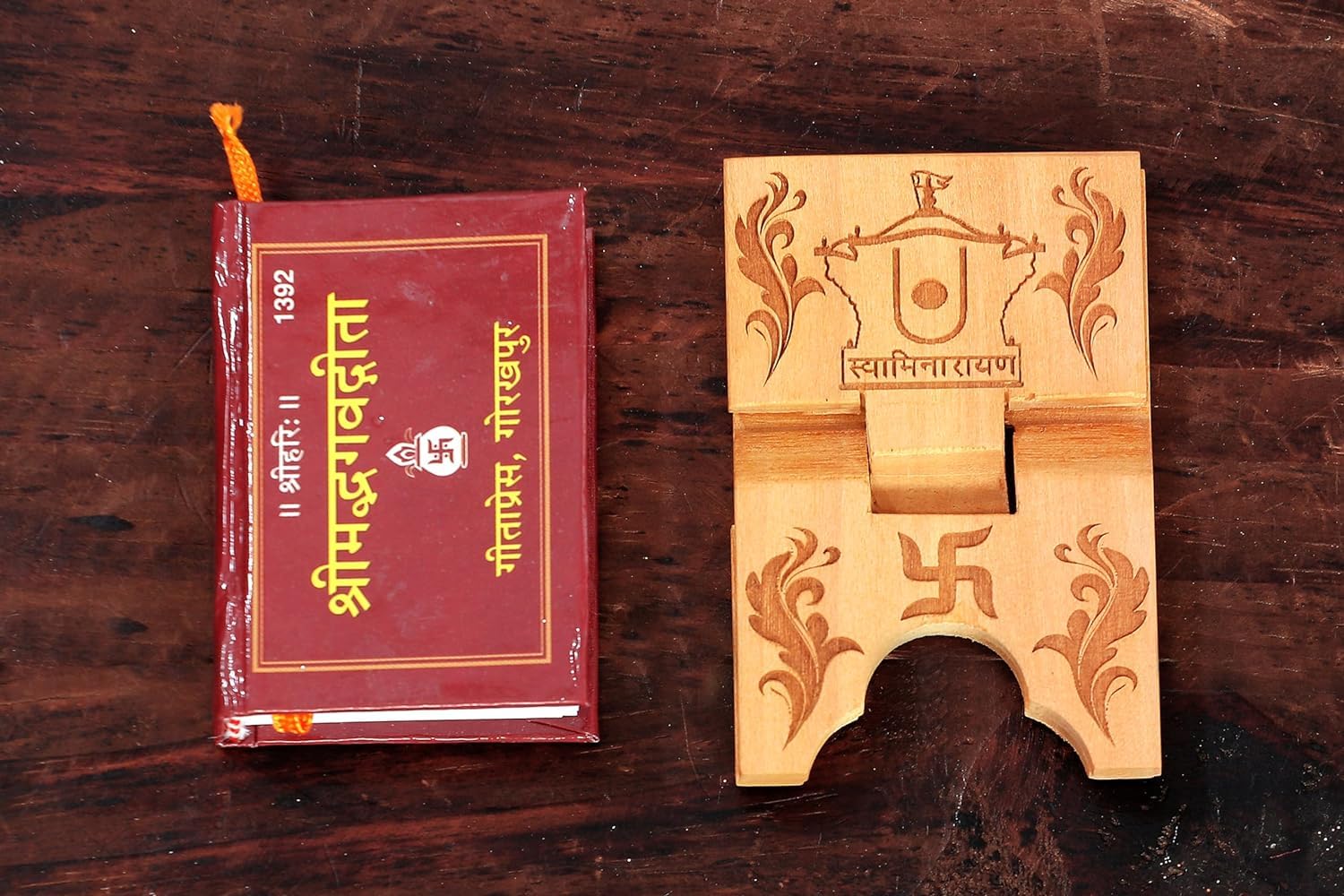 Shreya Wooden Hand Carved Holy Mini Gita Book and Stand (7.5x5x1 CM) (Model 2)-image-13