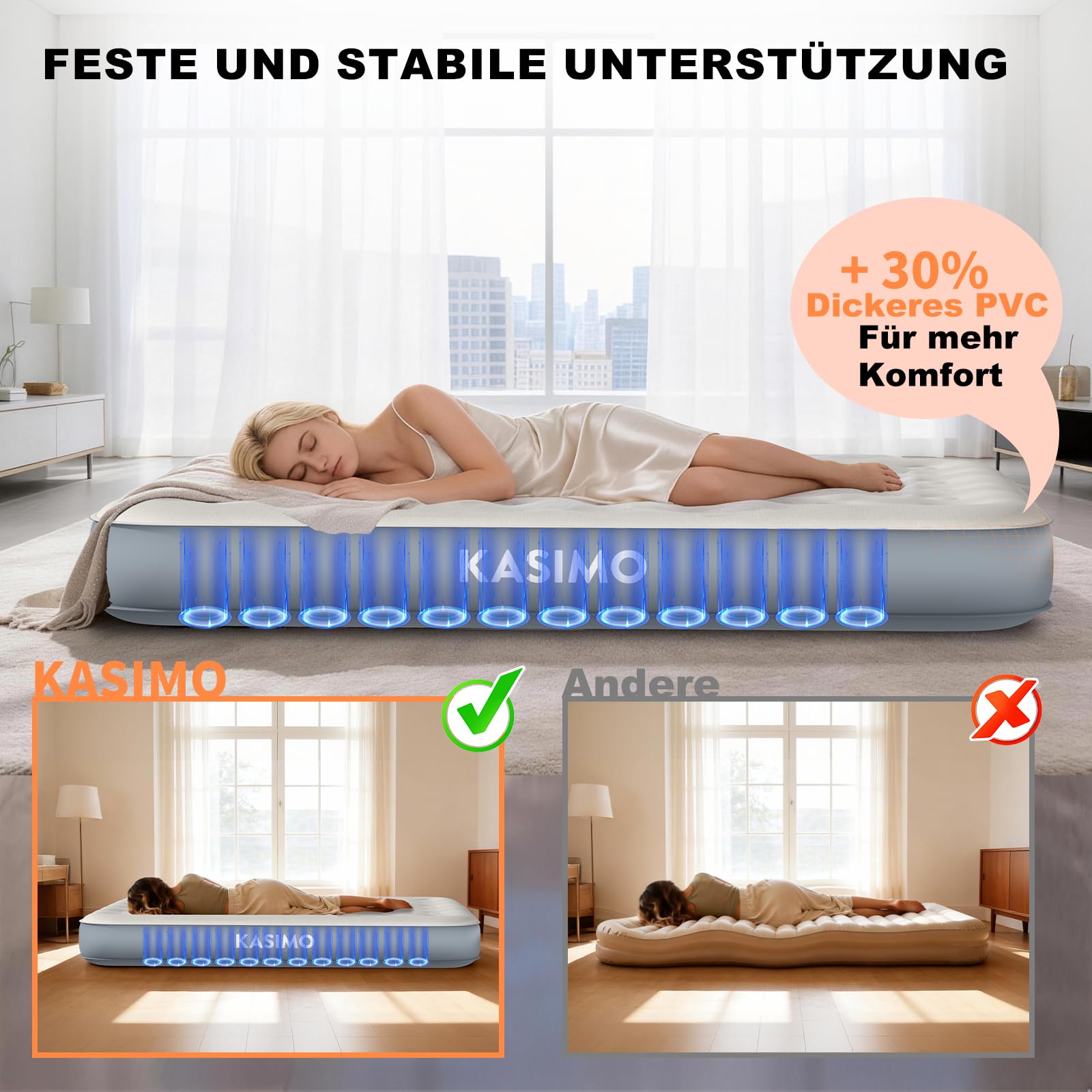KASIMO Luftmatratze selbstaufblasend, luftbett 2 Personen, Gästebett mit integrierter Elektrischer Pumpe, aufblasbare matratze mit Kissen, luftmatratze 195x148x25cm für Gäste zu Hause und Camping
