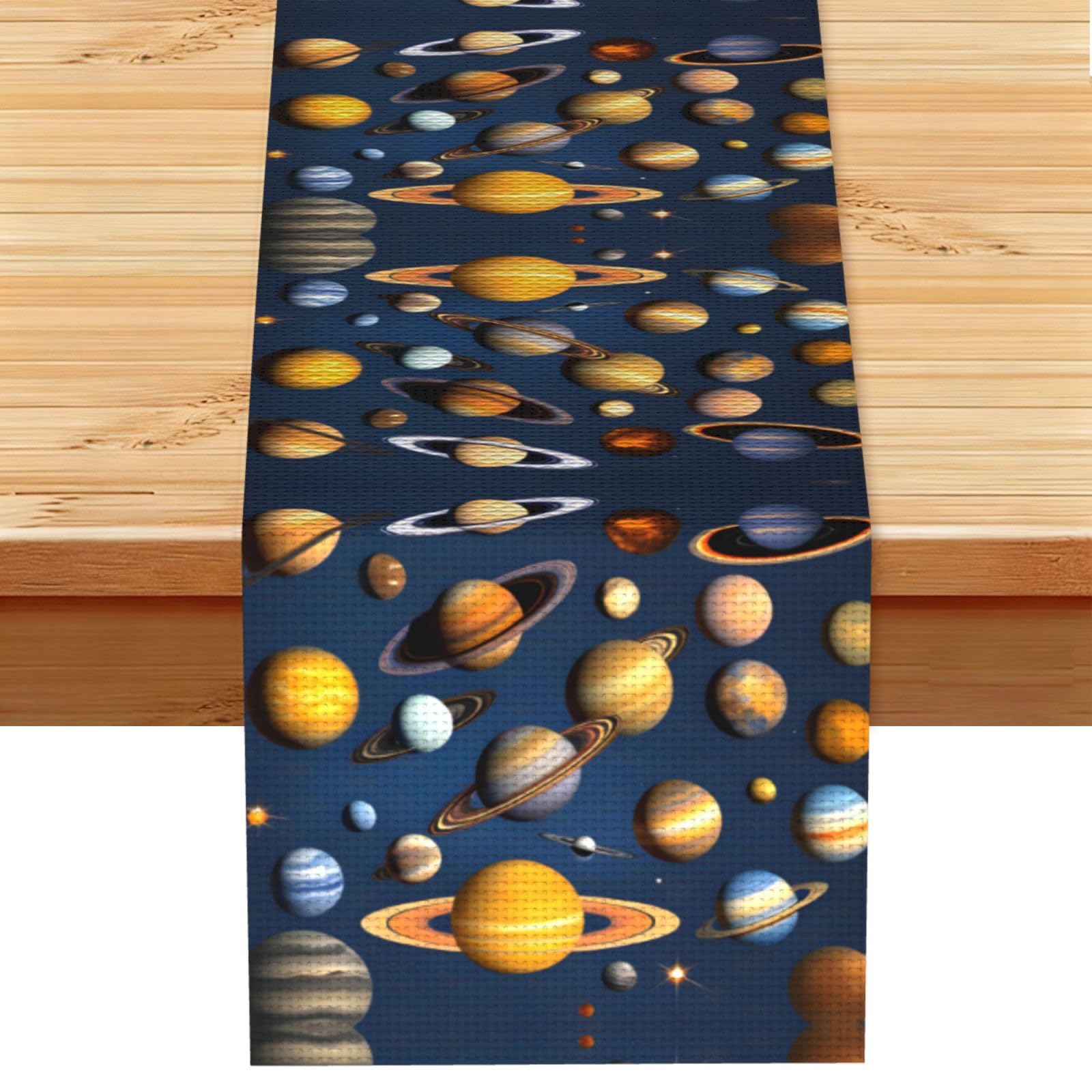 Solar System Planets Linen Look Table Runner 13x72-Wrinkle Resistant Farmhouse Style for Dining Table Decor
