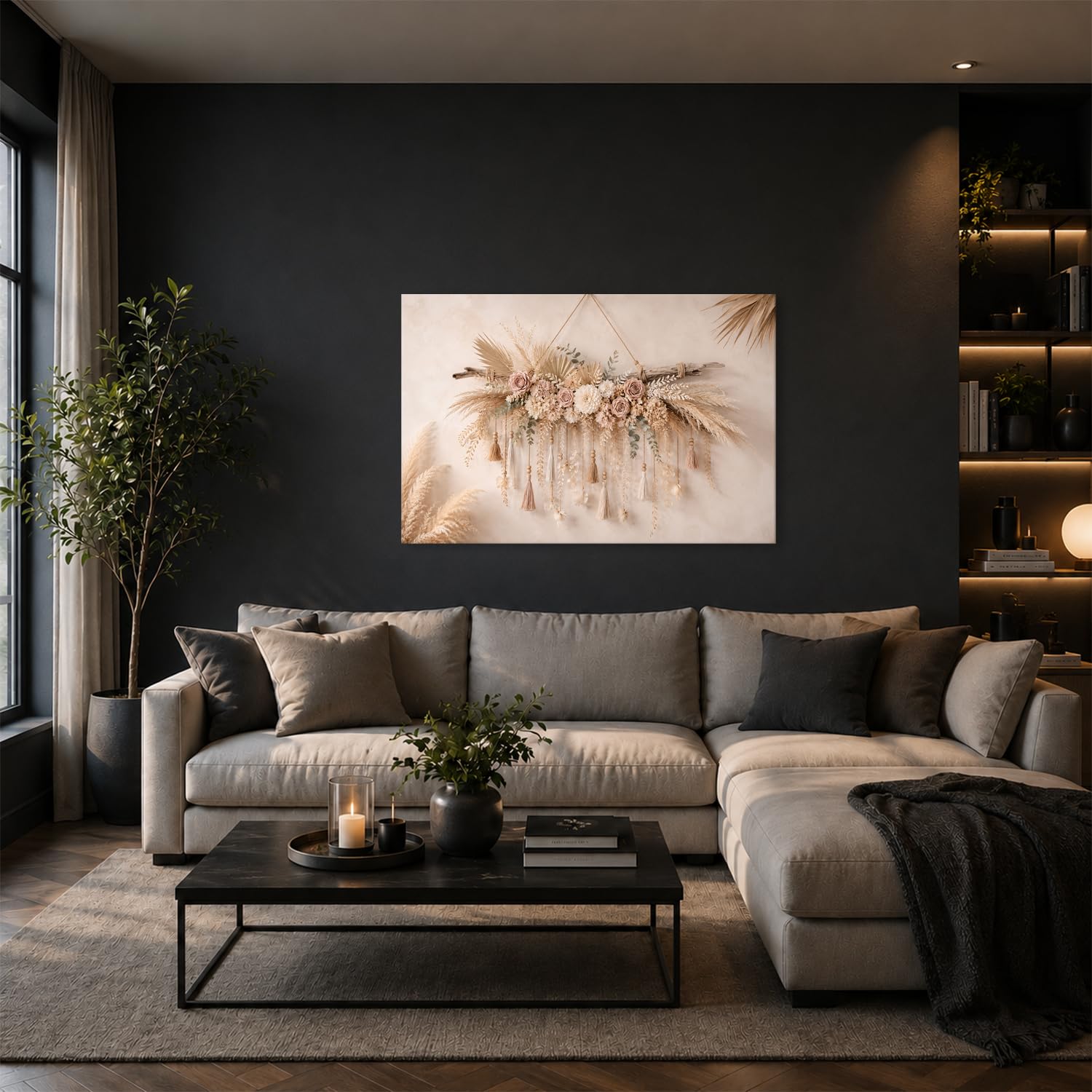 Leinwandbild Trockenblumen und Quasten an Holzstamm 70x50cm Farbig
