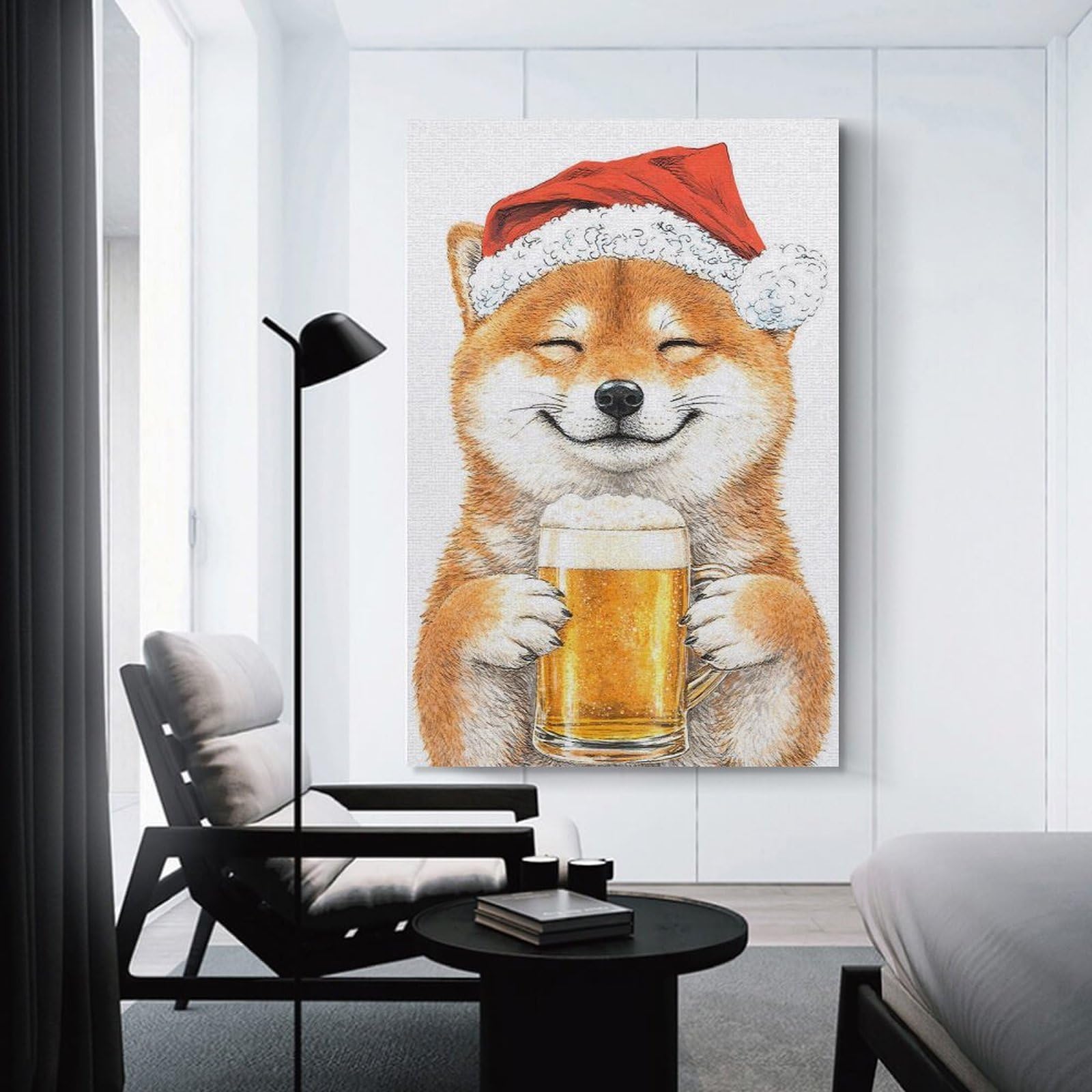 Junmoney Shiba Inu in Santa Hat with Beer Canvas Art Print 24x36inch(60x90cm), for Calm Bedrooms, Home Corners Or Flats, An Easy Wall Refresh for Bedrooms