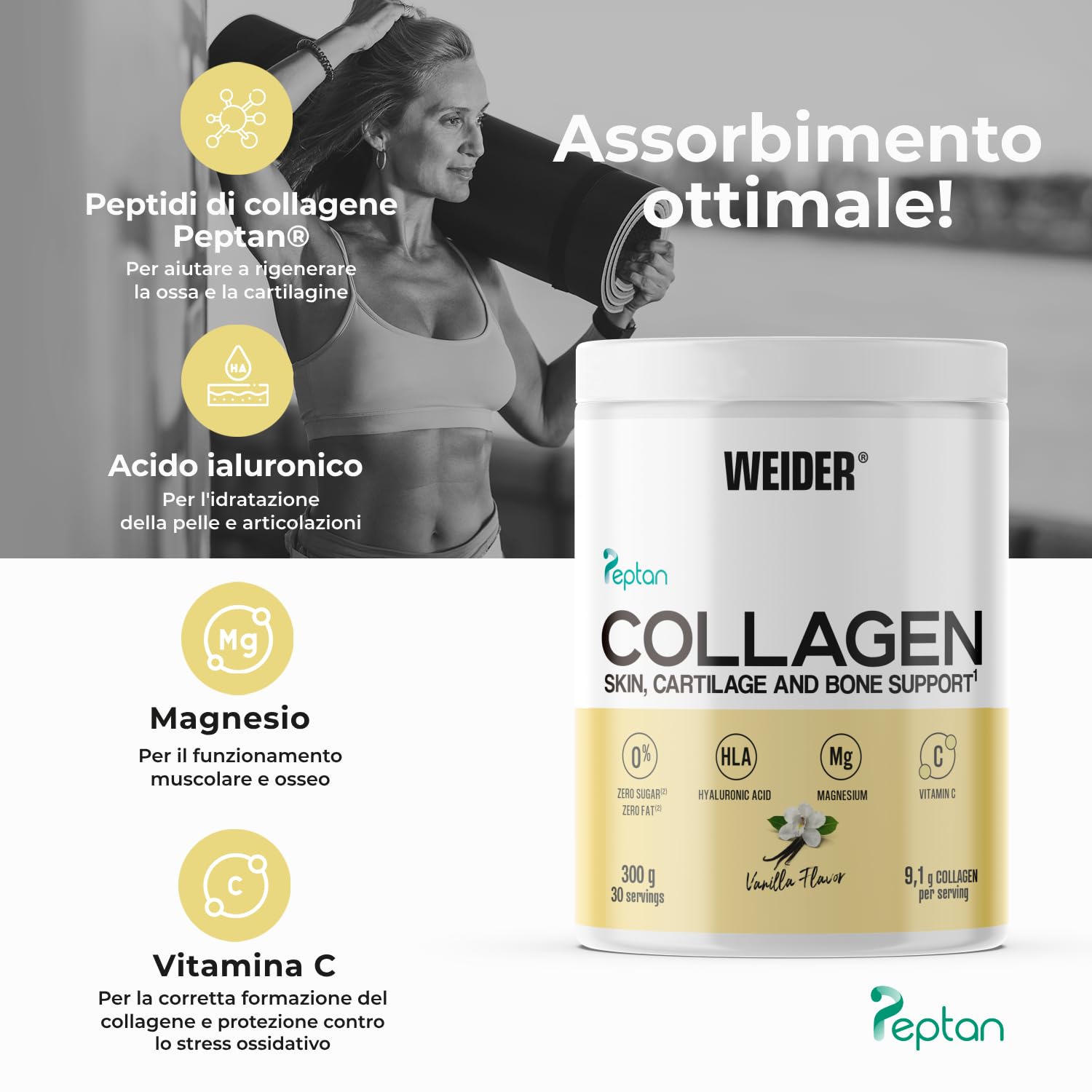Weider Collagen PACK DUO (2x300g) Vaniglia, Collagene Bovino in Polvere | con Acido Ialuronico, Magnesio e Vitamina C, Peptidi di Collagene 100% Qualità Peptan, Senza Zucchero, Senza Grassi, Keto