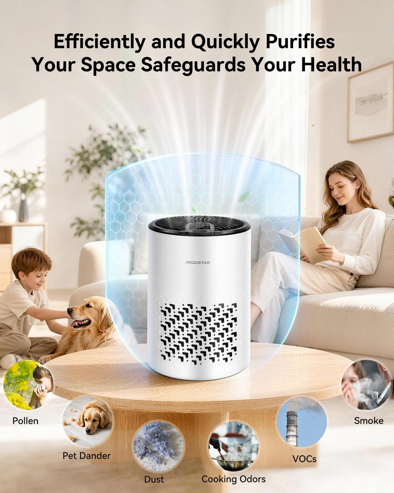 Aigostar Purificatore d'aria, Filtro HEPA a 4 Strati con Carbone Attivo, Aromaterapia, Elimina Odori, Polline e Peli Animali, Modalità Sleep a 15dB Ultra Silenziosa, per Allergie, Camera da Letto