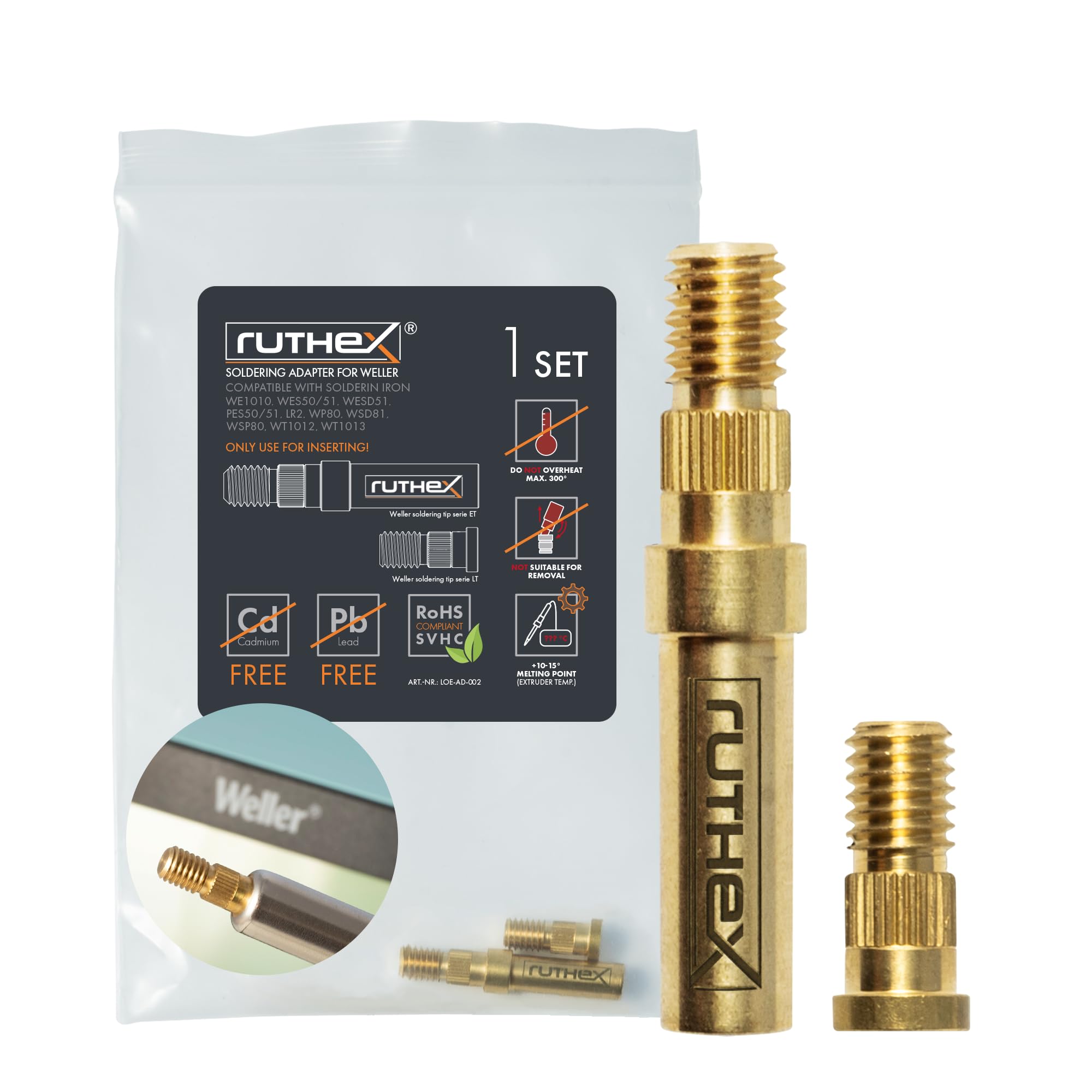 ruthex 2 punte di saldatura adattatore Weller Serie ET & LT – punta per saldatore compatibile con saldatore Weller WE1010, WP80, WEP70 per punte di saldatura ruthex per l'inserimento di inserti