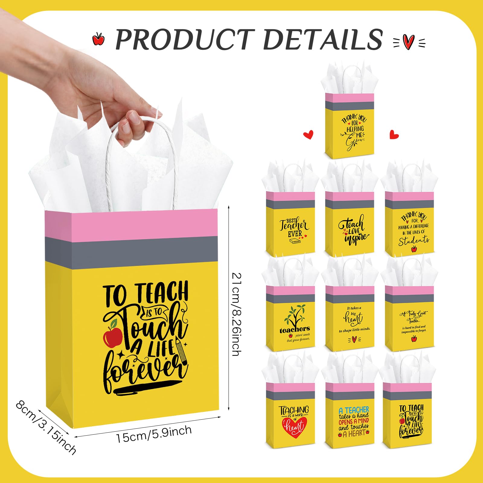 Motipuns 20 Sets Teacher Appreciation Gift Bags with Handles and Tissue Paper Best Teacher Ever Kraft Bags Thank You Gift for End of School Graduation Classroom Retirement, 5.9 x 3.15 x 8.27 Inch