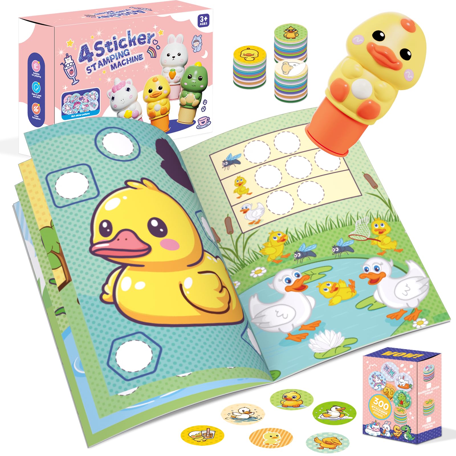 PlunackSticker Stamper 24 Pages Sticker Book with 300 Stickers, Arts and Crafts Fidget Toys for Kids, DIY Creative Activity Travel Toys Gifts for Boys Girls - Duck