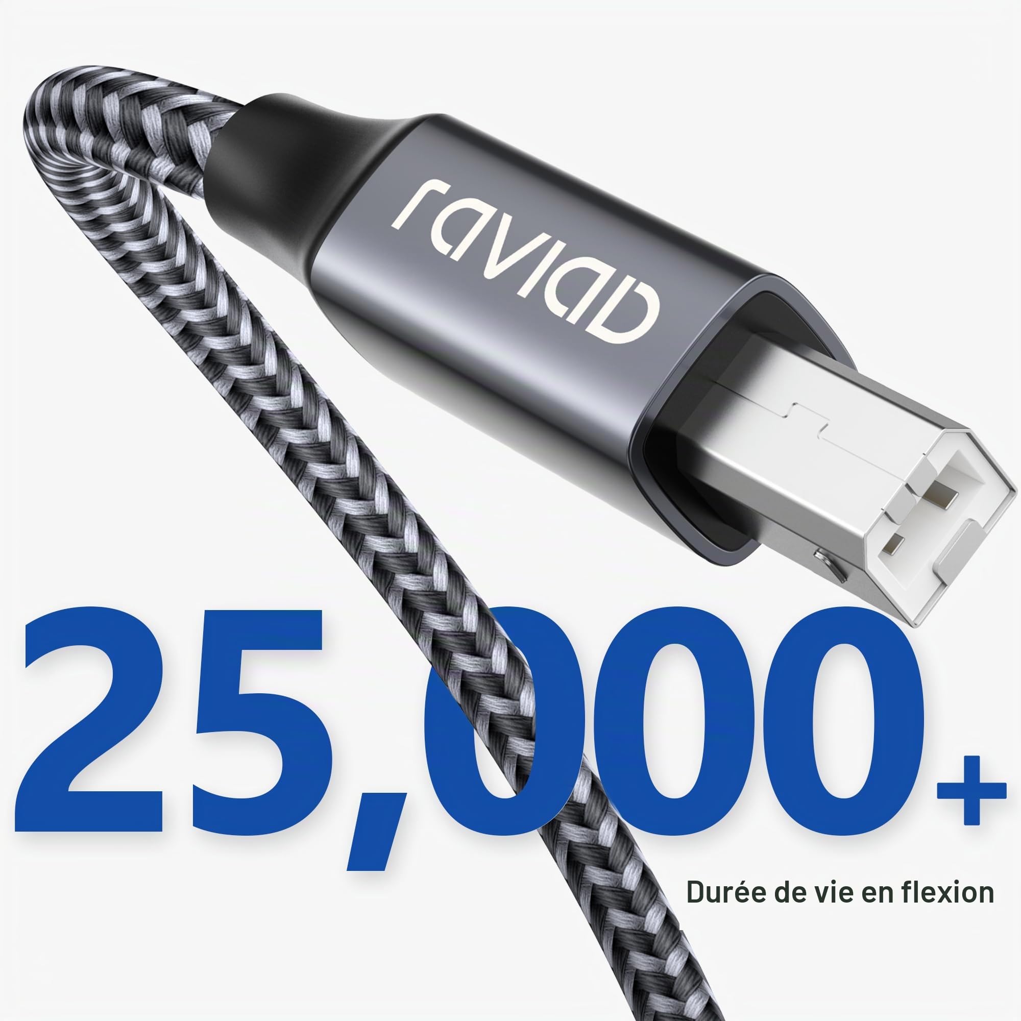 RAVIAD Câble Imprimante USB 2.0 A Mâle vers B Mâle 2M Nylon Gris