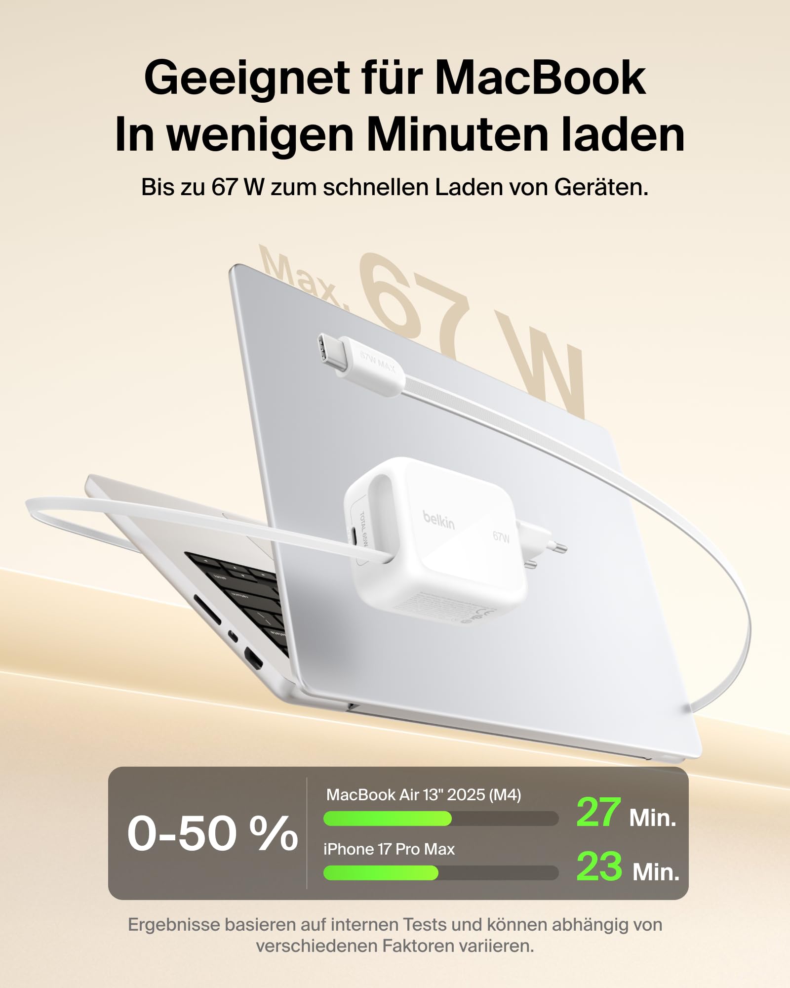 Belkin USB C Ladegerät 67W mit Einziehbarem 1 m USB-C-Kabel + USB-C-Anschluss, GaN iPhone Schnellladegerät, USB Adapter für die Serien iPhone 17, 16, Galaxy S26, AirPods, Tablets, MacBook, Chromebook