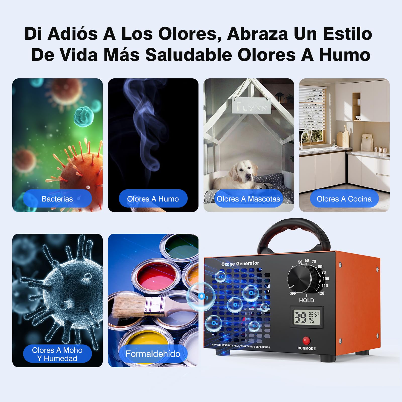 Fitabok Generador de Ozono 160000 mg/h - 2 en 1 Purificador de Aire Ozono, Pantalla LED Temperatura y Humedad, Temporizador 120 min, Cobertura 300 m², para Hogar Coche Hotel Cocina Sótano Mascotas