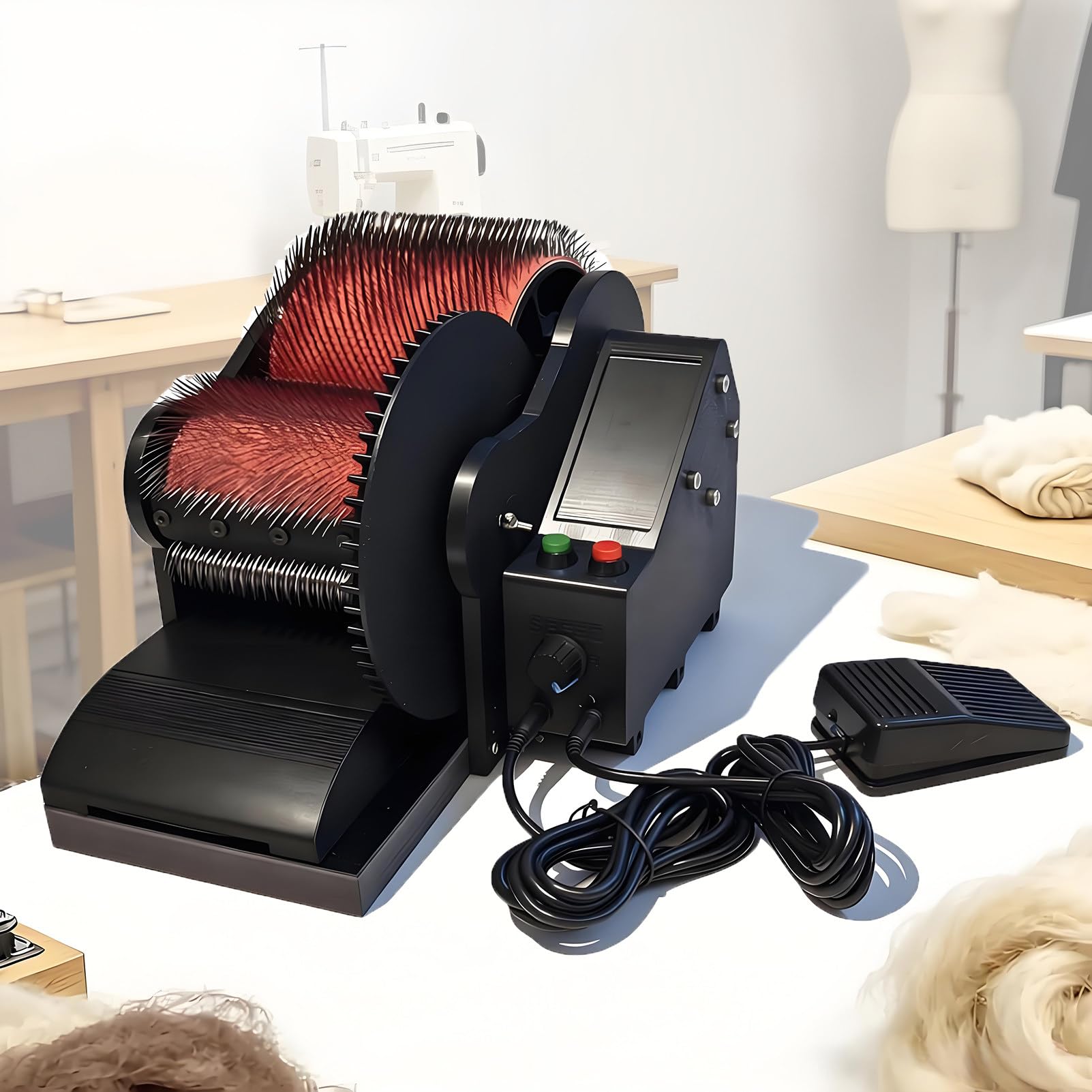 EpyGnom Wool Carding Machine, Electric Wool Felt Drum Carder for DIY Craft, with Brush & Awl, Foot Pedal, Adjustable Forward and Reverse Speed, Fast Color Mixing, Combing, Spinning