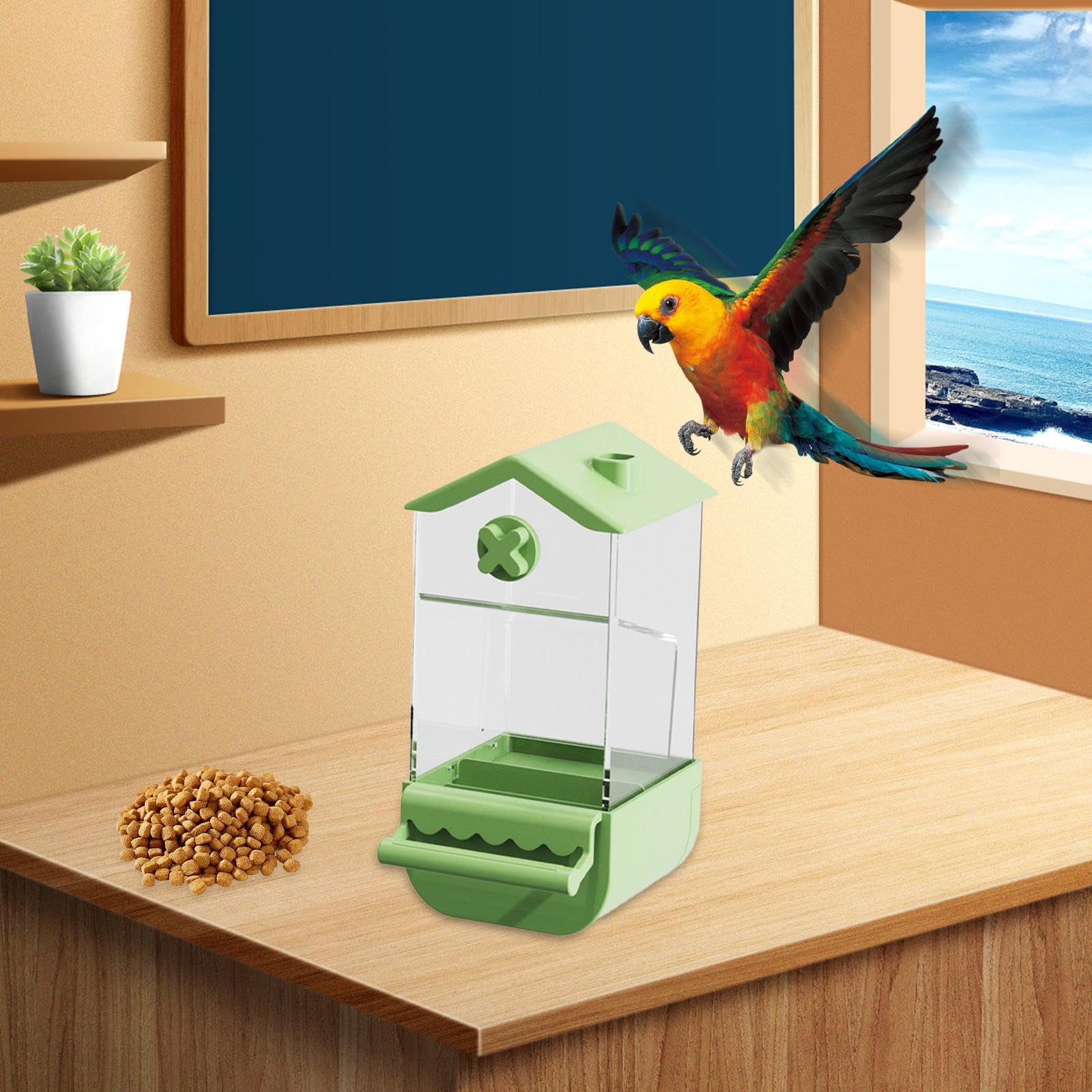 Portable Pet Feeder with Detachable Water Bottle for Small Pets, Green and roof