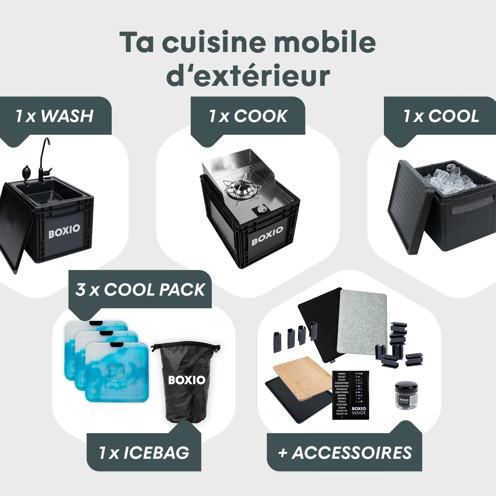BOXIO - Kitchen Bundle: Mobile Campingküche ohne Strom mit Kochbox, Waschbecken & Gaskocher mit Outdoor Zubehör Schneidbrett, Kühlakkus, Sitzkissen UVM. Perfekte All-in-one Lösung