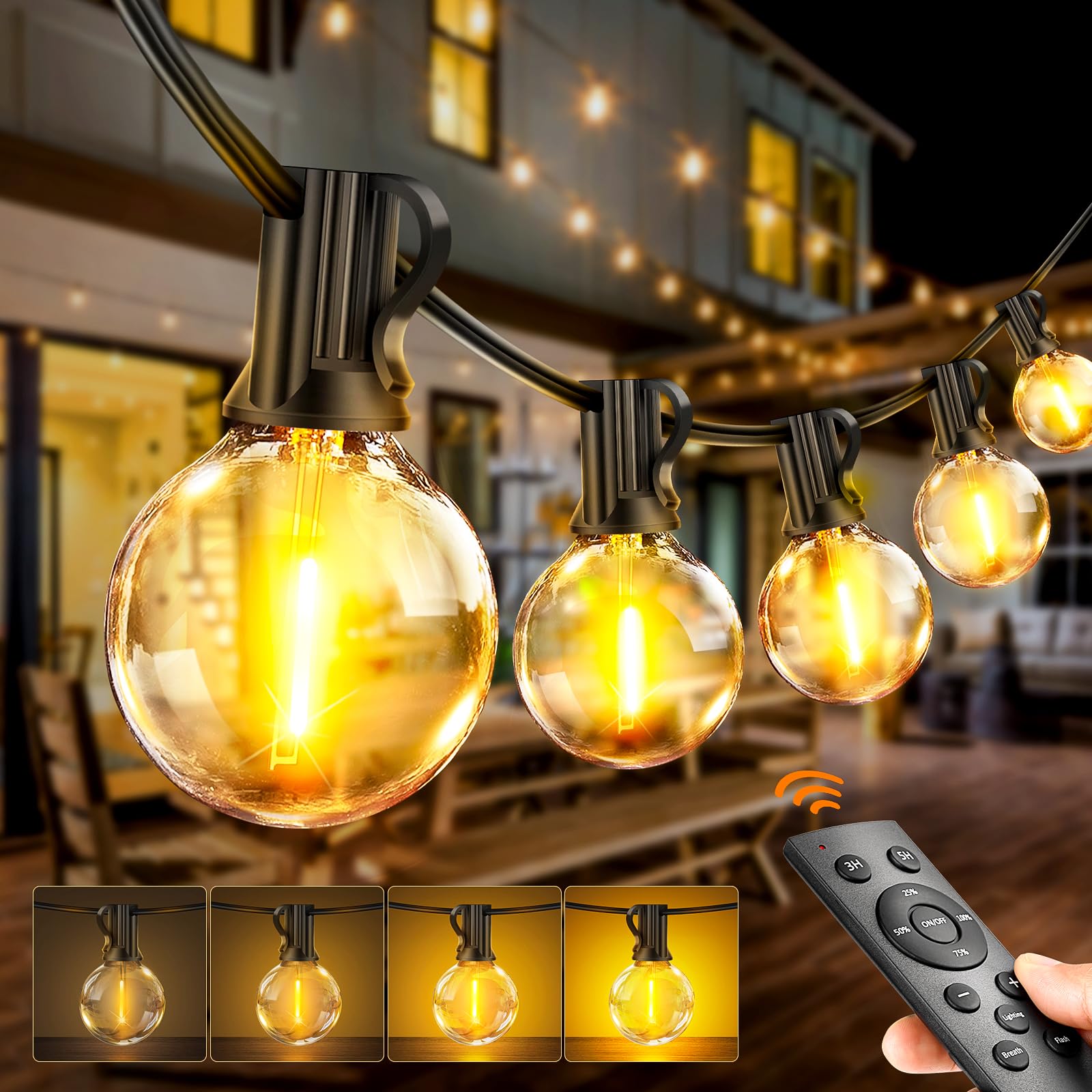 Outdoor String Lights Mains Powered - G40 Garden Festoon Lights 100FT/30M Dimmable with Remote Control Shatterproof LED Bulbs 3 Modes & 2 Timer Settings Waterproof for Outdoor Patio Gazebo Pergola