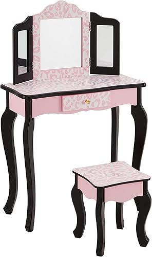 Juego de mesa y taburete para niños, juego de tocador para niñas con espejo desmontable y cajón tríptico, tocador de maquillaje de princesa 2 en 1 y